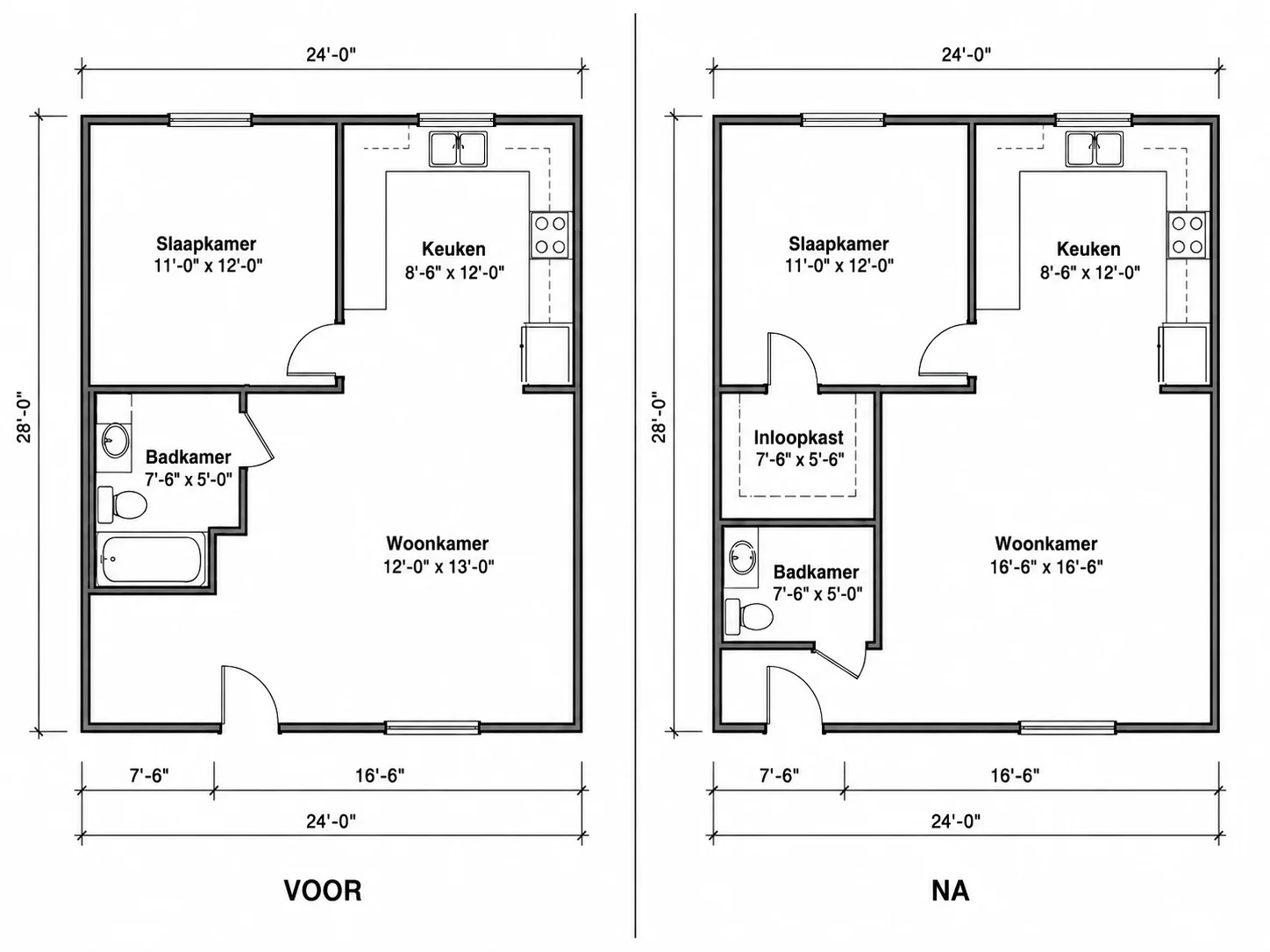 Indeling met een vergrote woonkamer en toegevoegde inloopkast binnen hetzelfde oppervlak
