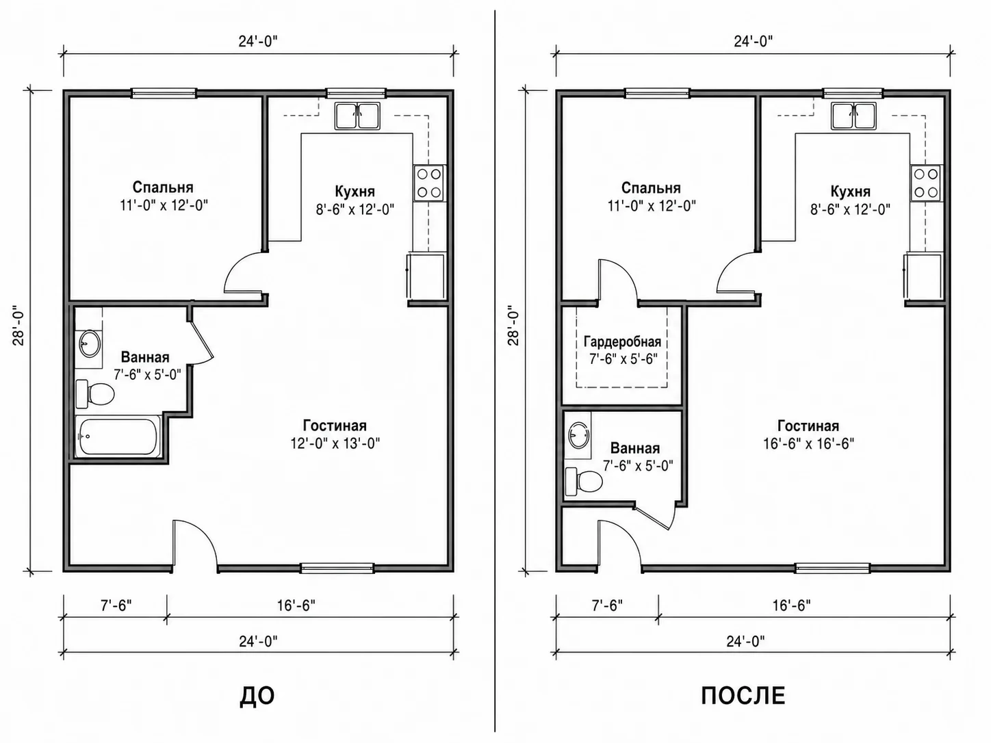Планировка, показывающая увеличенную гостиную и добавленную гардеробную на той же площади