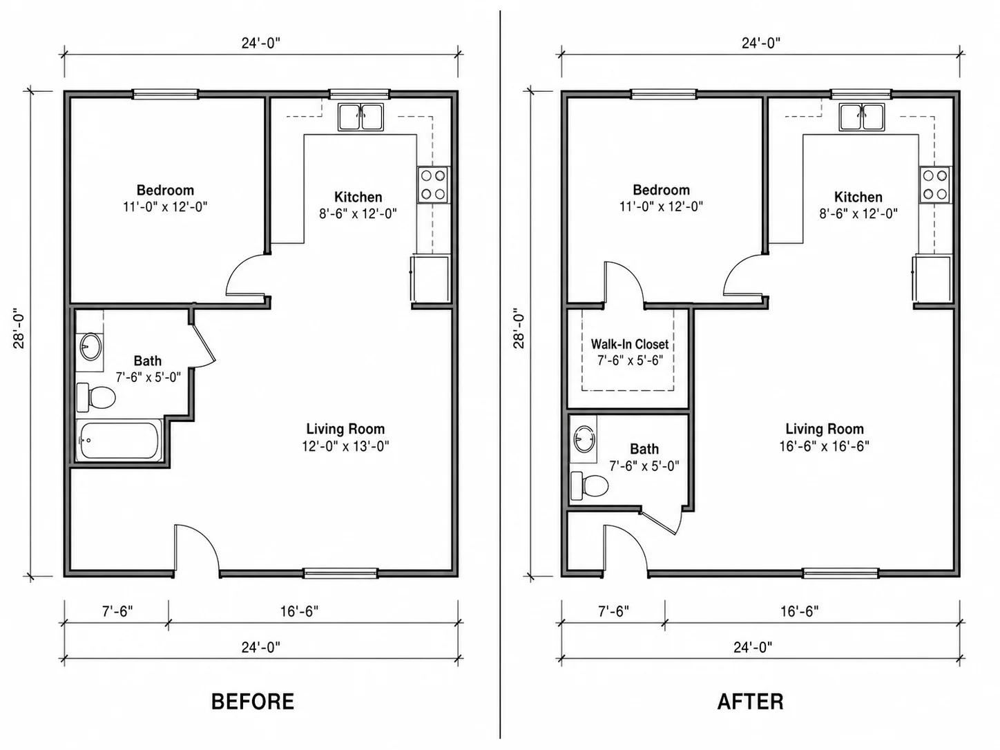 Layout showing a resized living room and added walk-in closet within the same footprint