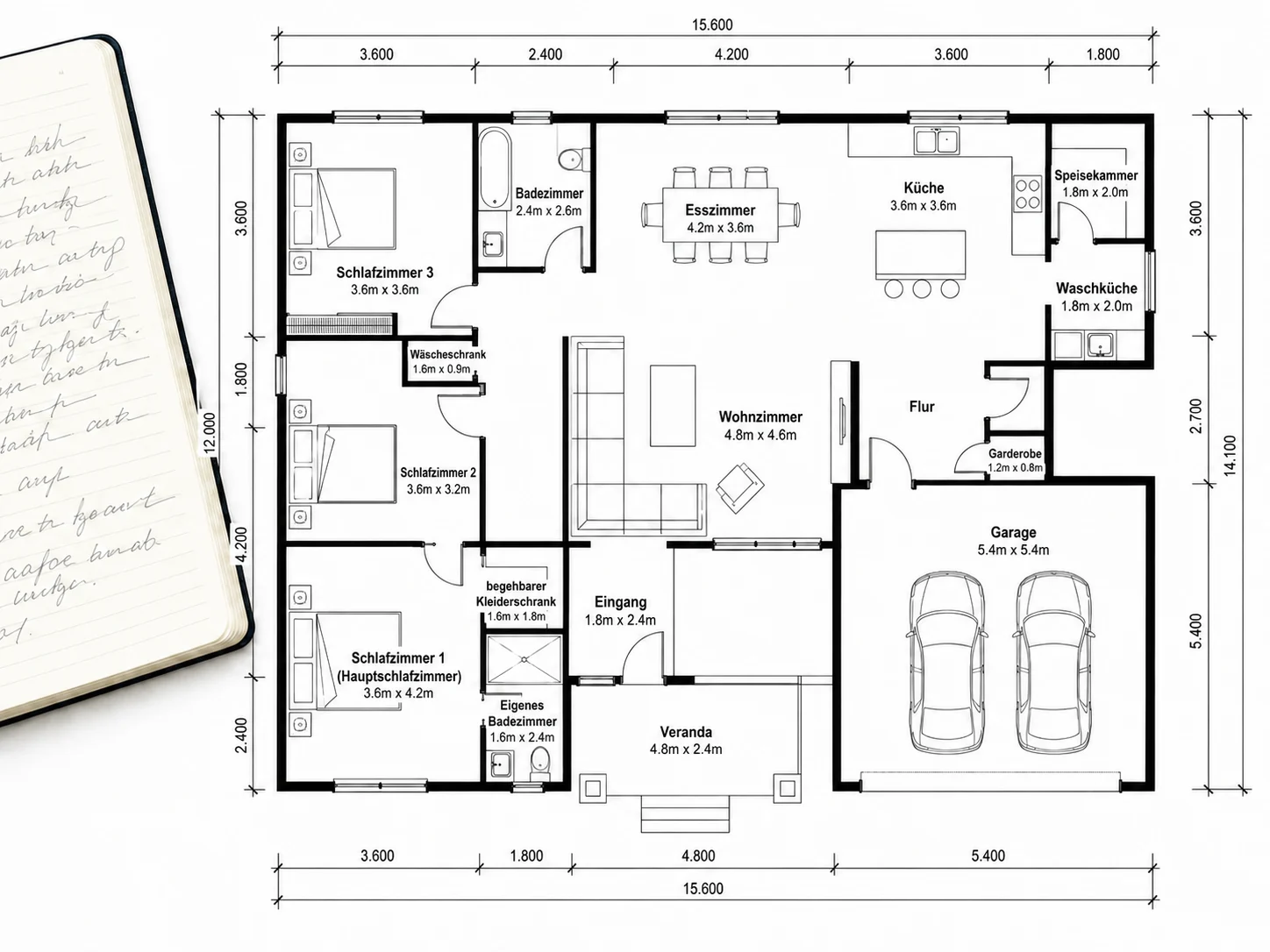 Texteingabe zur Beschreibung eines Layouts neben der Ausgabe des KI-Grundriss-Generators