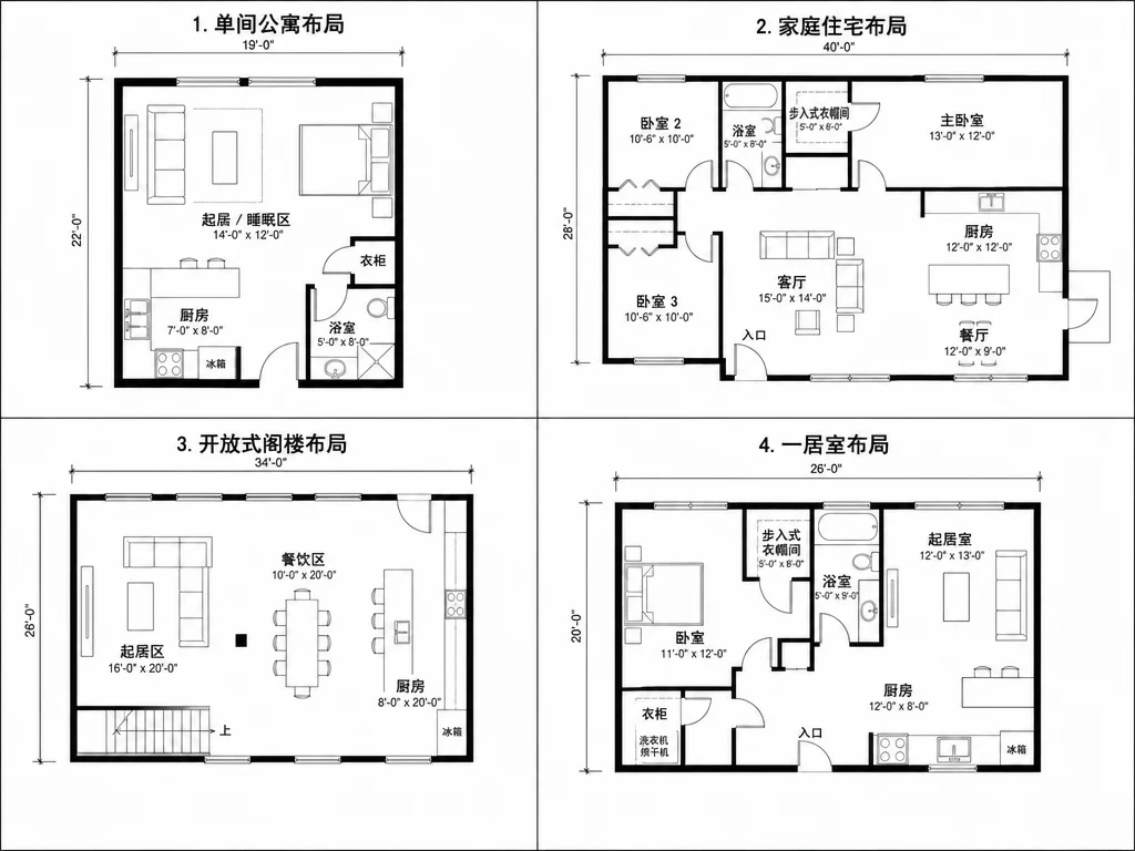 包含家庭住宅和餐厅的AI平面图预设场景选项