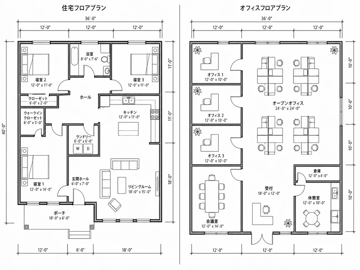住宅用レイアウトと並んだ商業ビルのAI間取り図