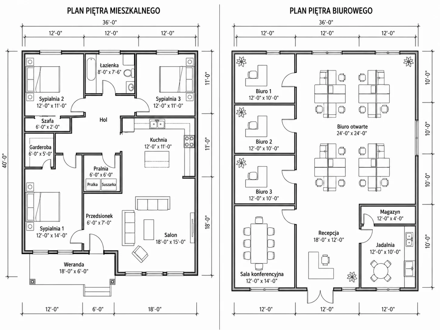 Plan piętra budynku komercyjnego obok układu mieszkalnego