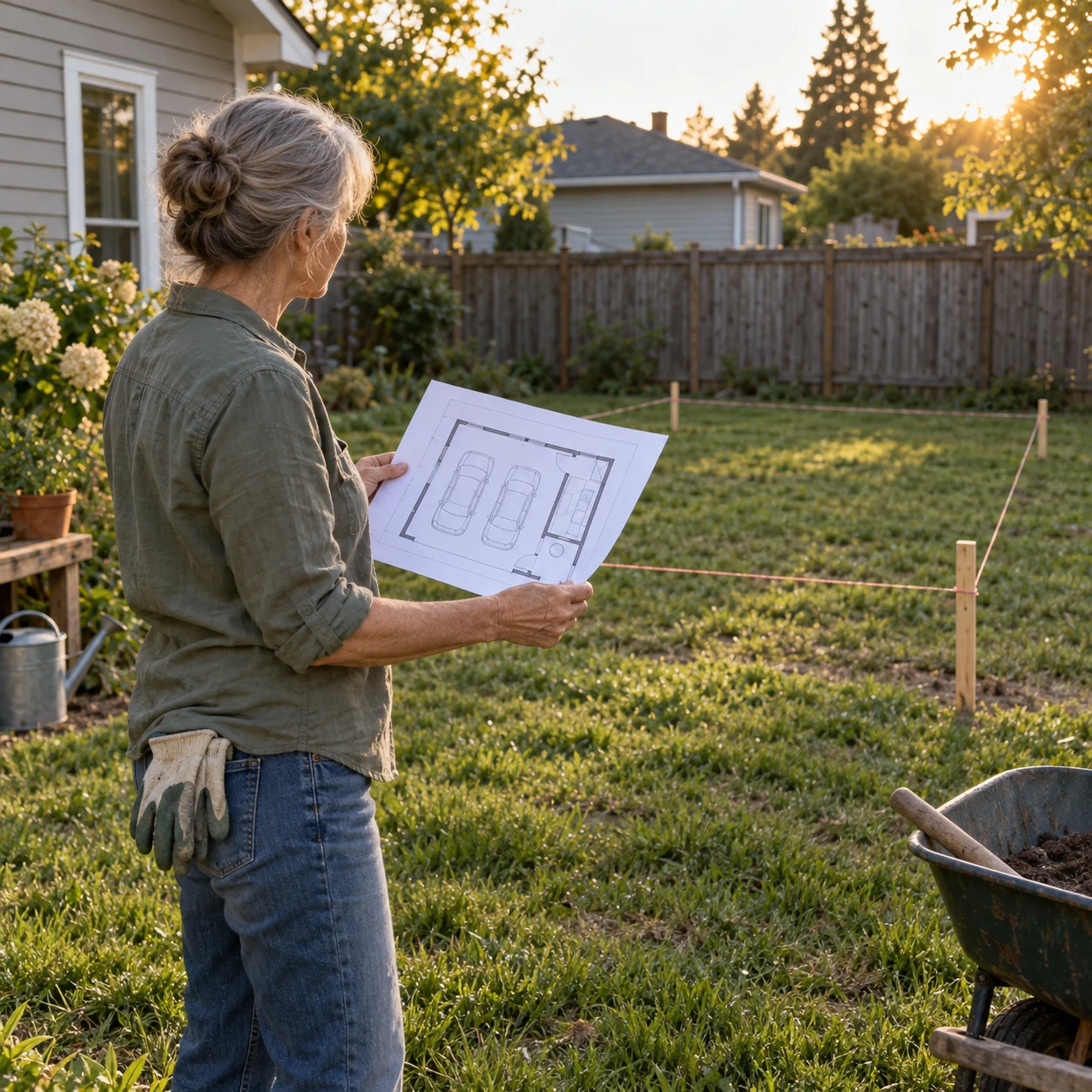 Homeowner holding a garage plan in a backyard where a detached garage will be built