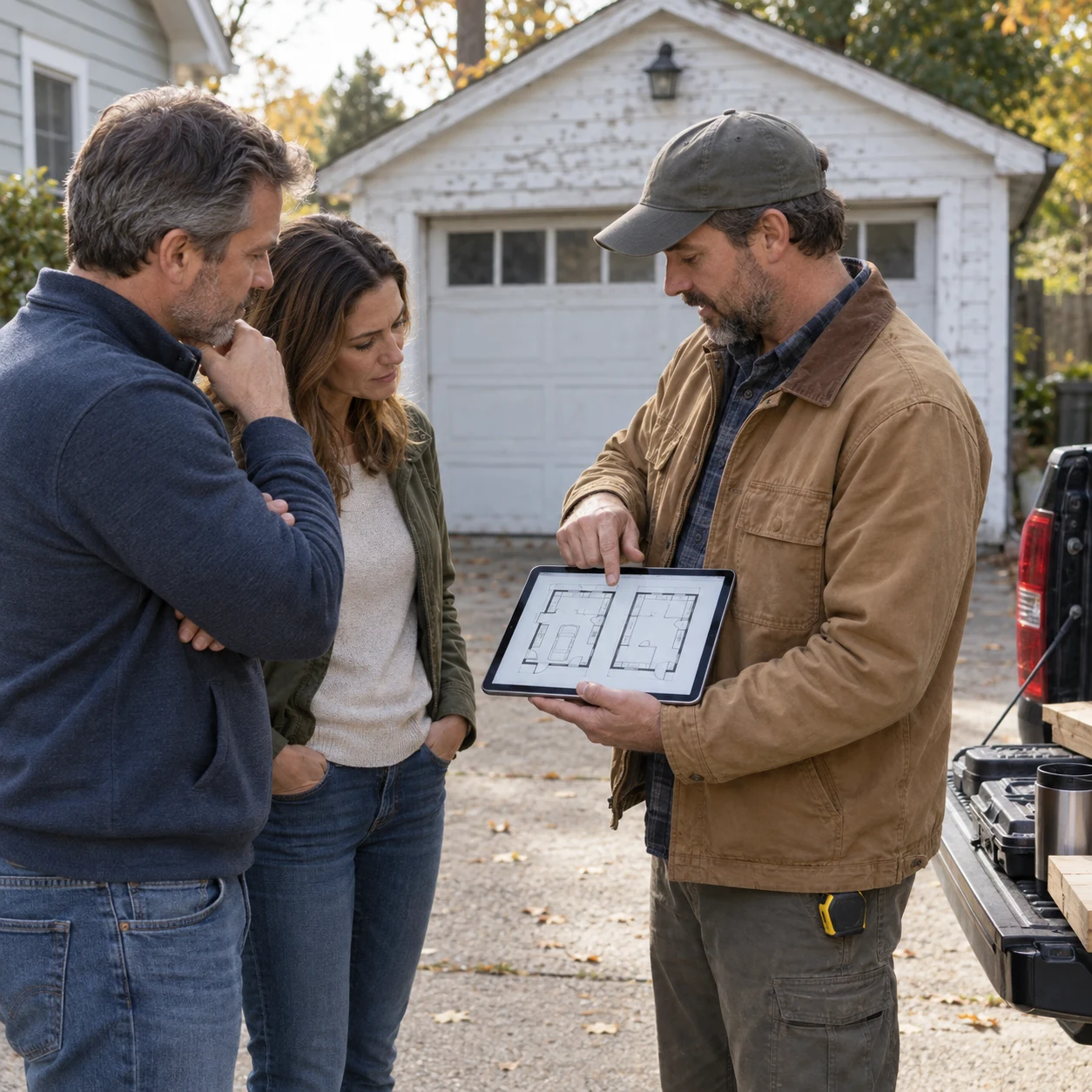Contractor showing a client two garage layouts on a tablet in a driveway