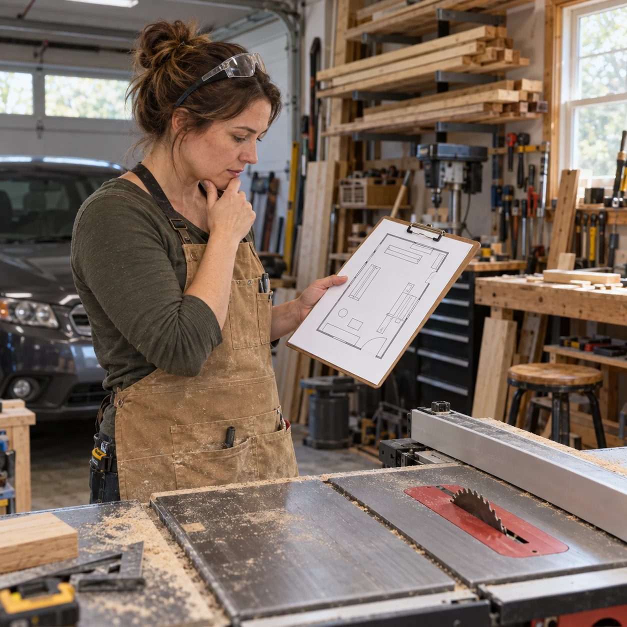 Woodworker reviewing a garage workshop layout next to a table saw