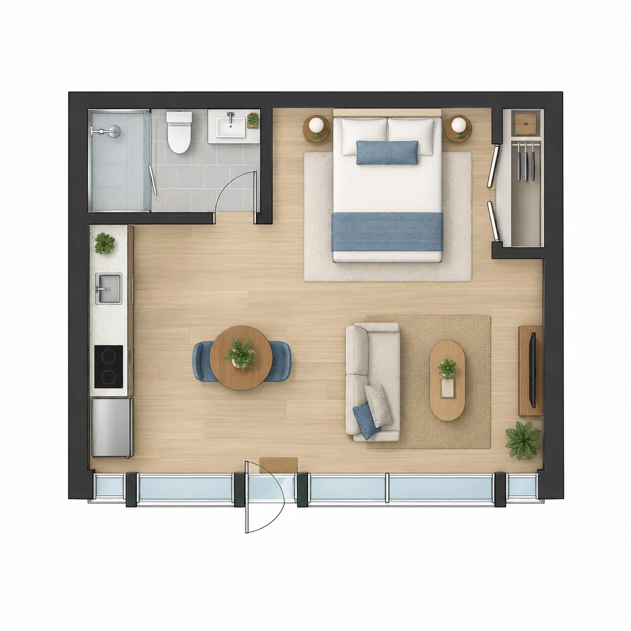 Garage conversion ADU layout showing a studio with a kitchenette and bathroom