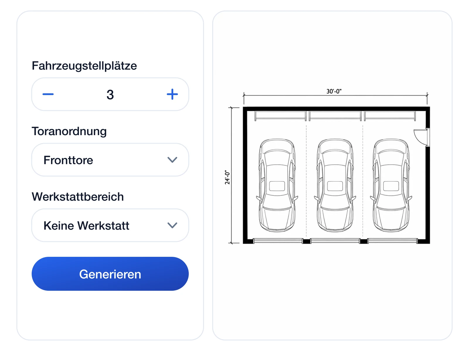 Fahrzeugstellplätze-Auswahl auf drei eingestellt neben einem bemaßten Grundriss