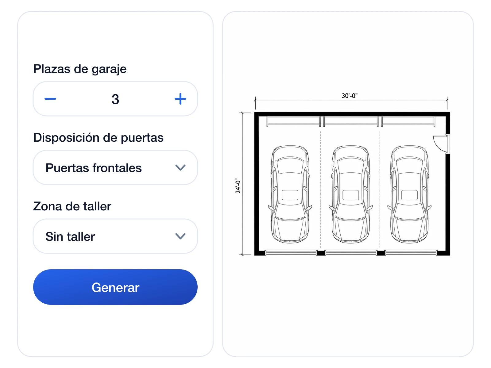 Contador de plazas de vehículo fijado en tres junto al plano de un garaje de tres plazas