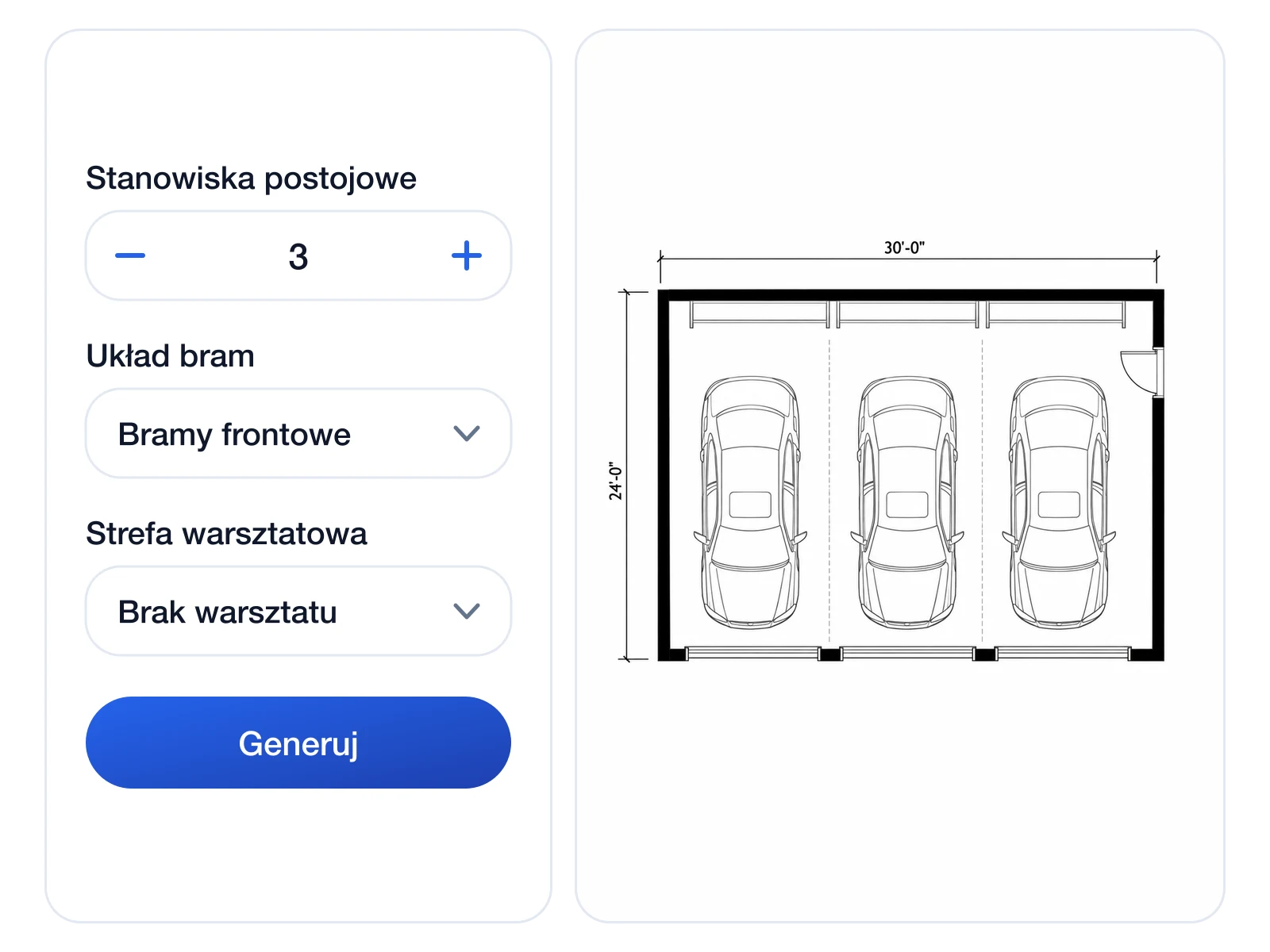 Licznik stanowisk postojowych ustawiony na trzy obok rzutu garażu na trzy auta