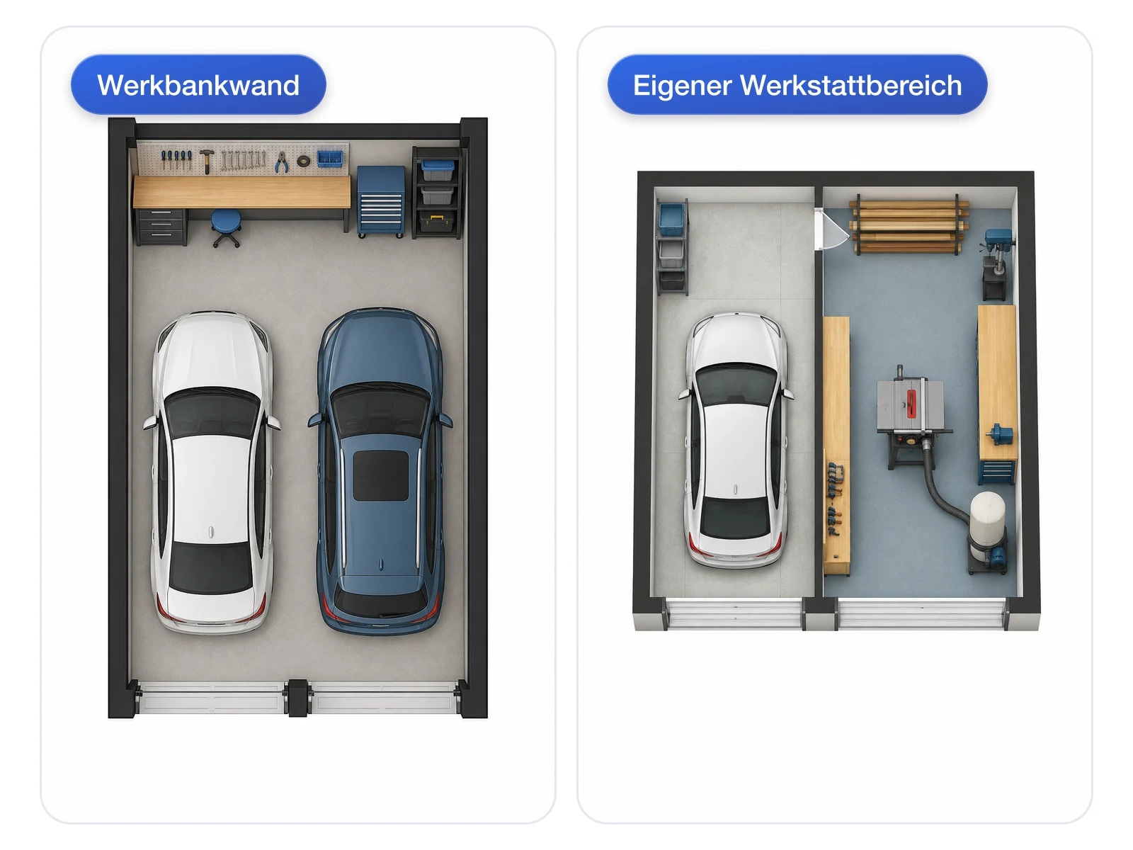 Plan mit Werkbankwand im Vergleich zu einem Entwurf mit eigenem Werkstattbereich
