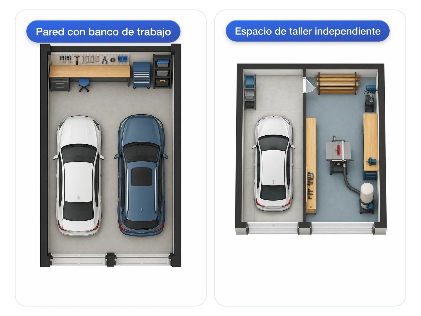 Comparativa entre un plano de garaje con pared para banco de trabajo y un plano con zona de taller dedicada