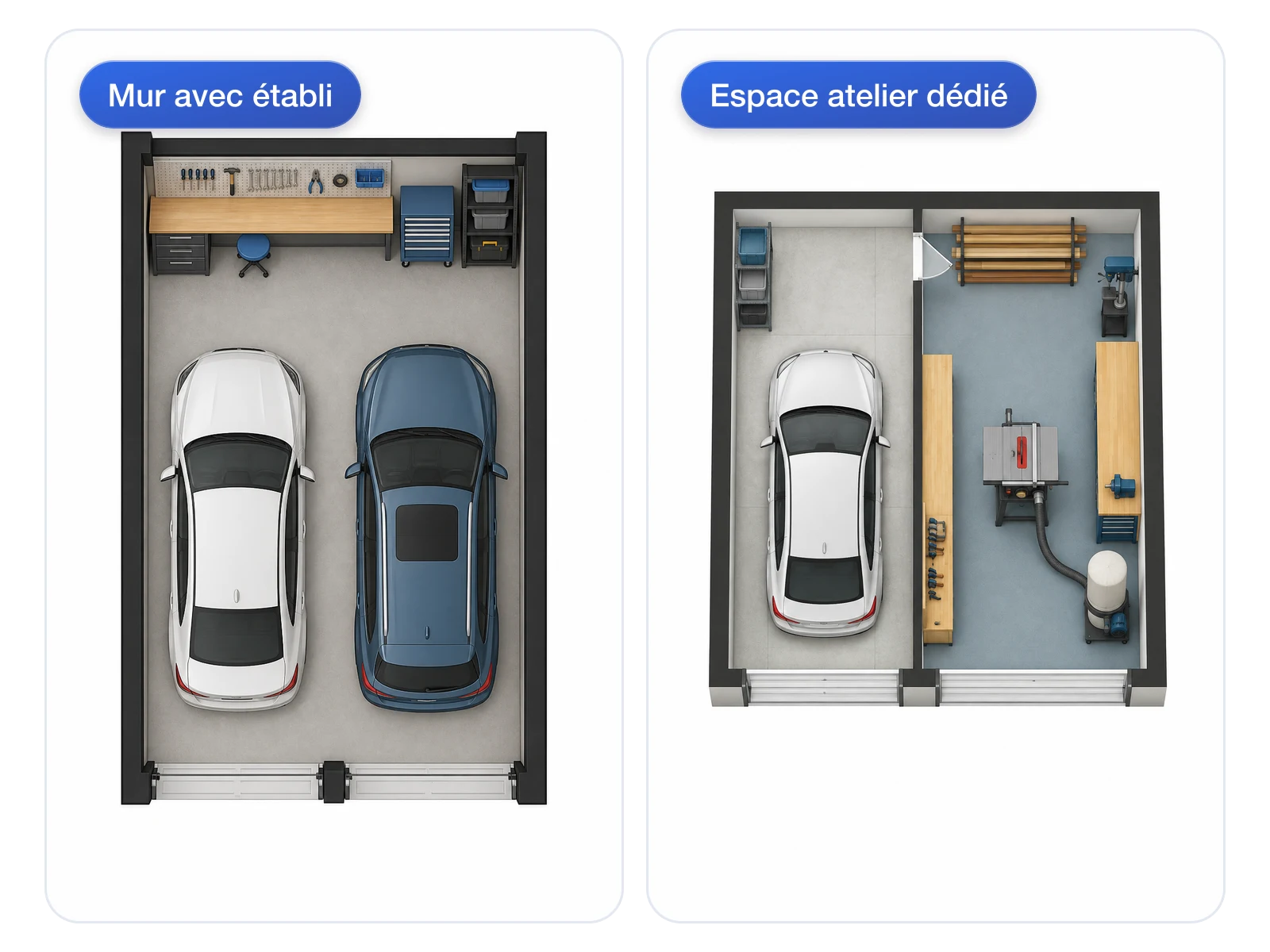 Comparaison entre un plan de garage avec établi mural et un plan avec espace atelier dédié