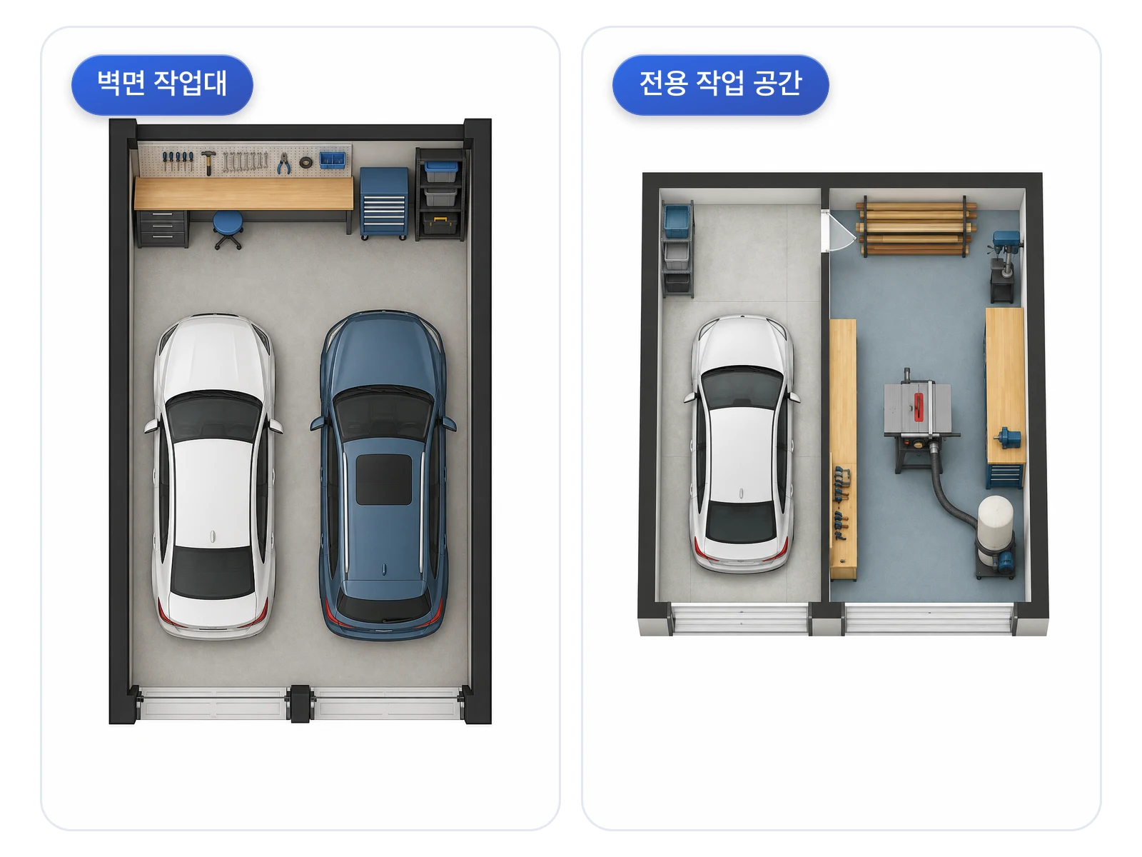 벽면 작업대 차고 도면과 전용 작업 구획 차고 도면 비교