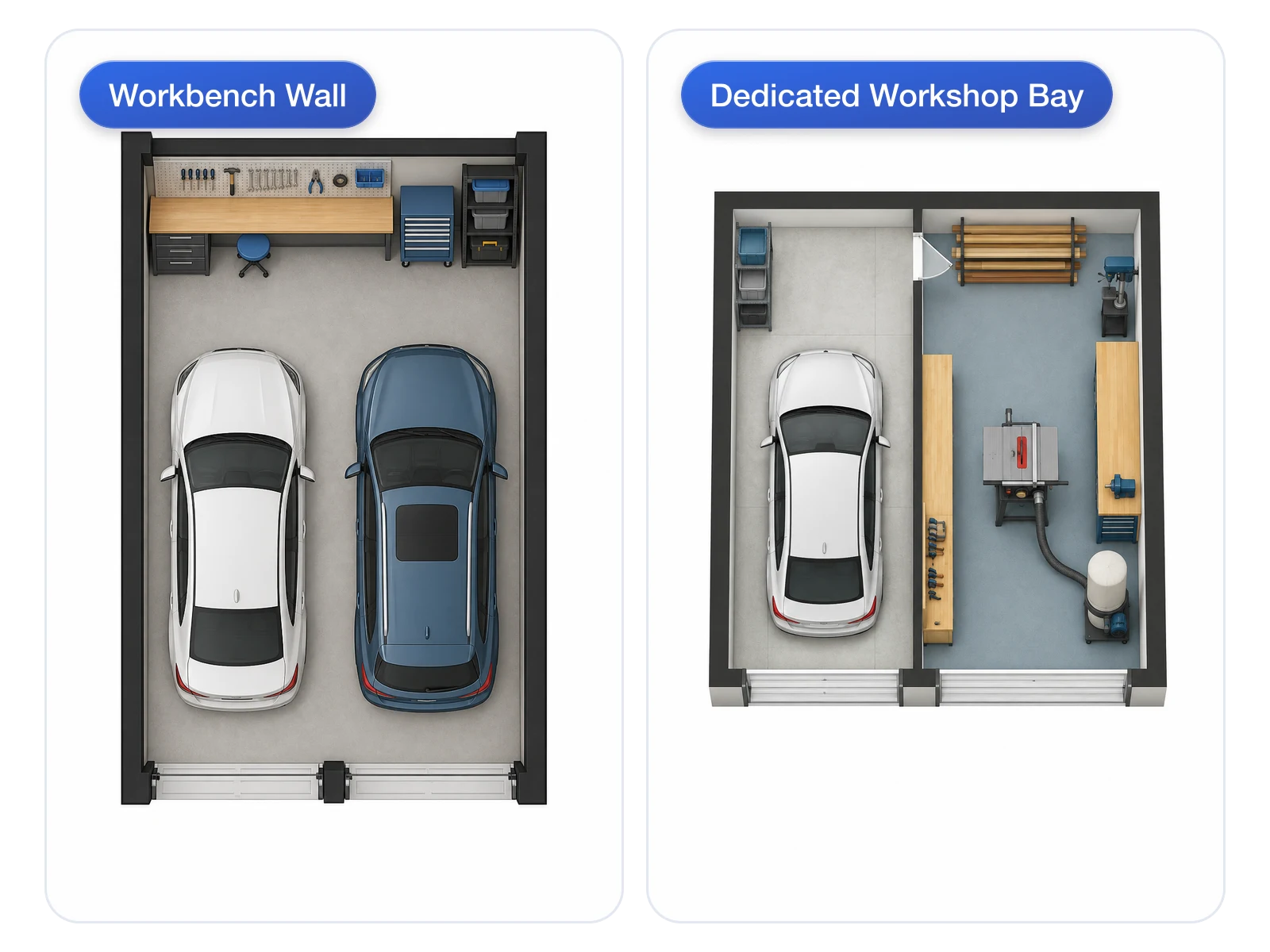 Garage plan with a workbench wall compared with a garage plan with a dedicated workshop bay