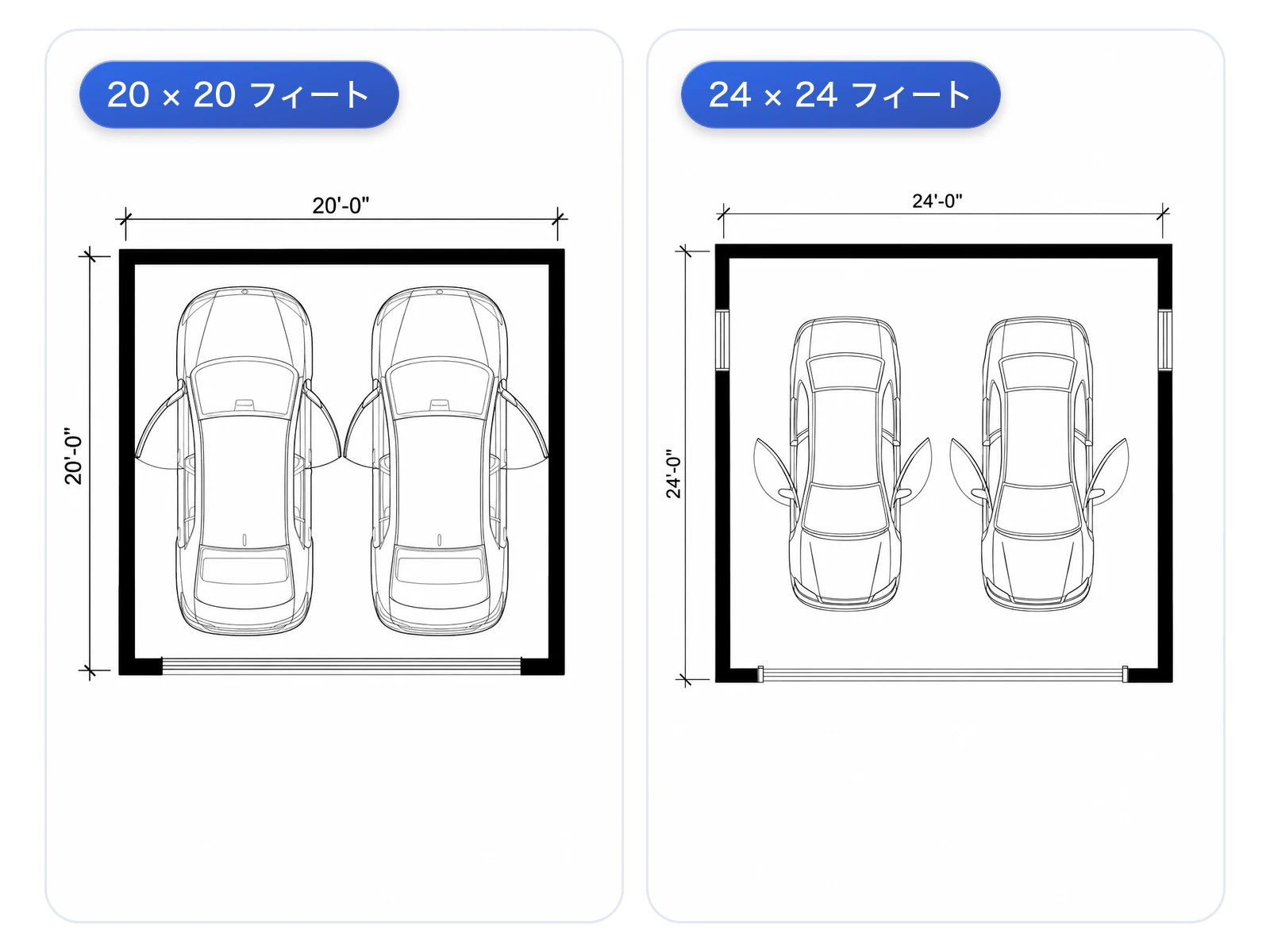 ドア開閉クリアランスを確認できる約6×6mと約7.3×7.3mのガレージ図面