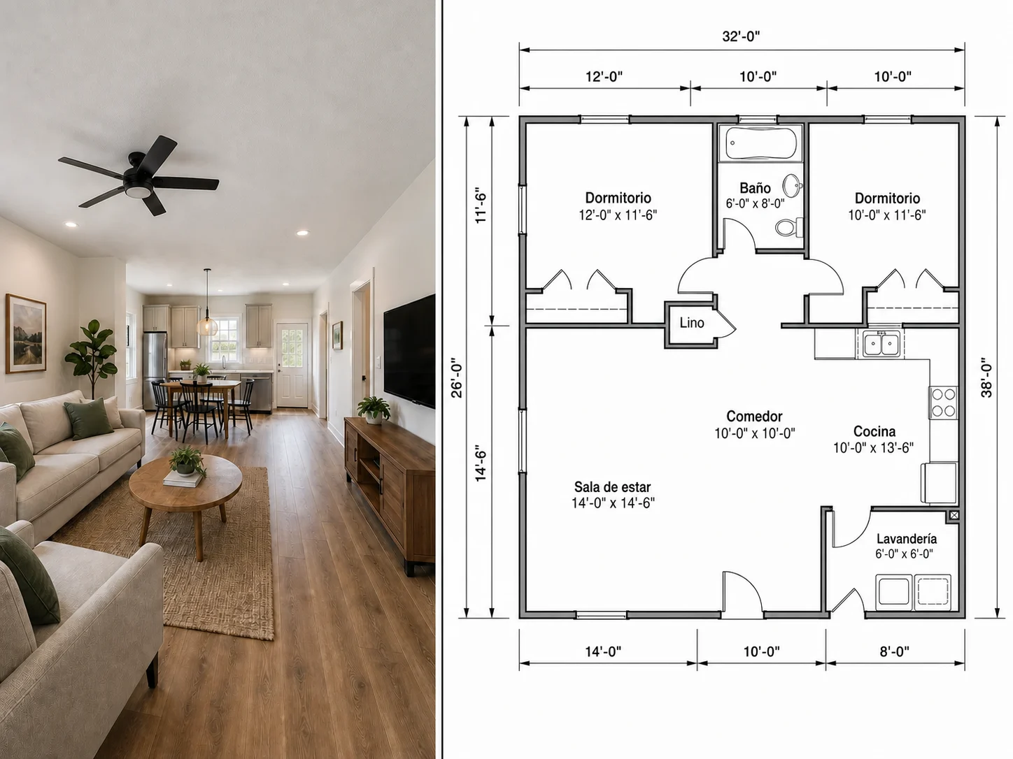 Foto de una habitación junto a su plano estimado