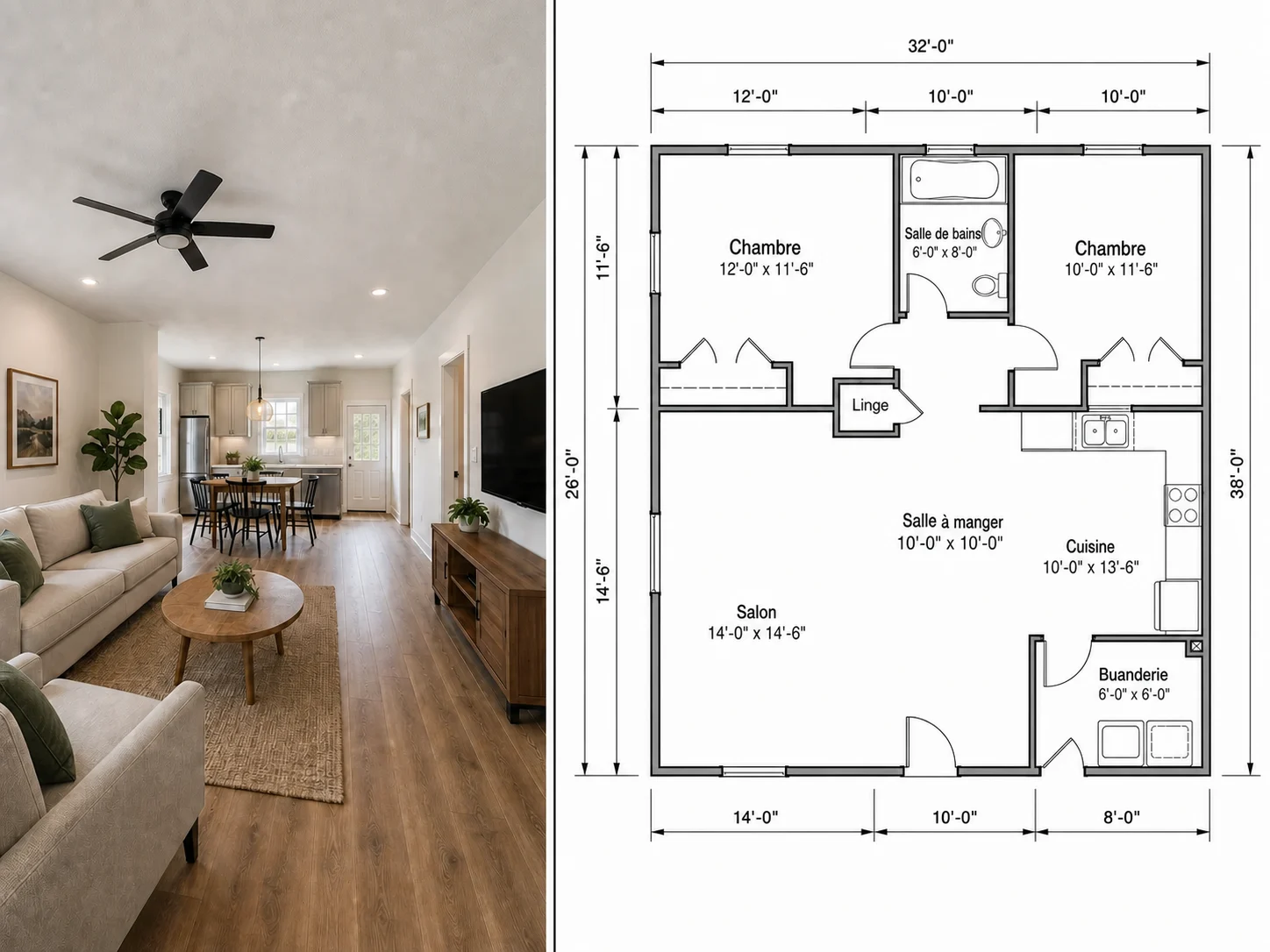 Photo d'une pièce à côté de son plan d'étage estimé