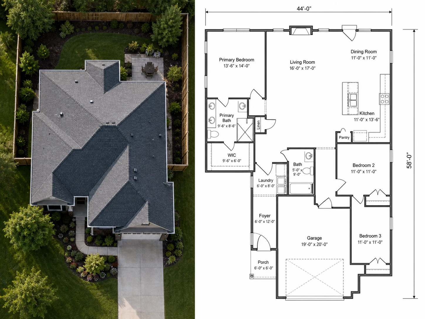 Aerial drone photo of a building converted into a layout footprint