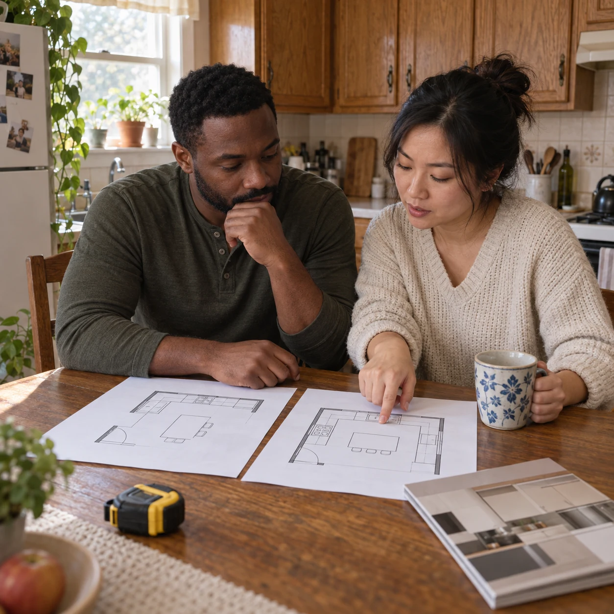 Homeowner comparing two kitchen layouts at a kitchen table before a remodel