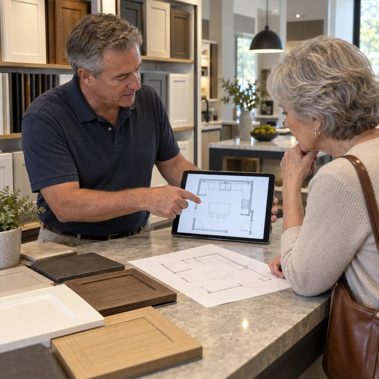 Kitchen showroom consultant showing a customer a kitchen layout on a tablet