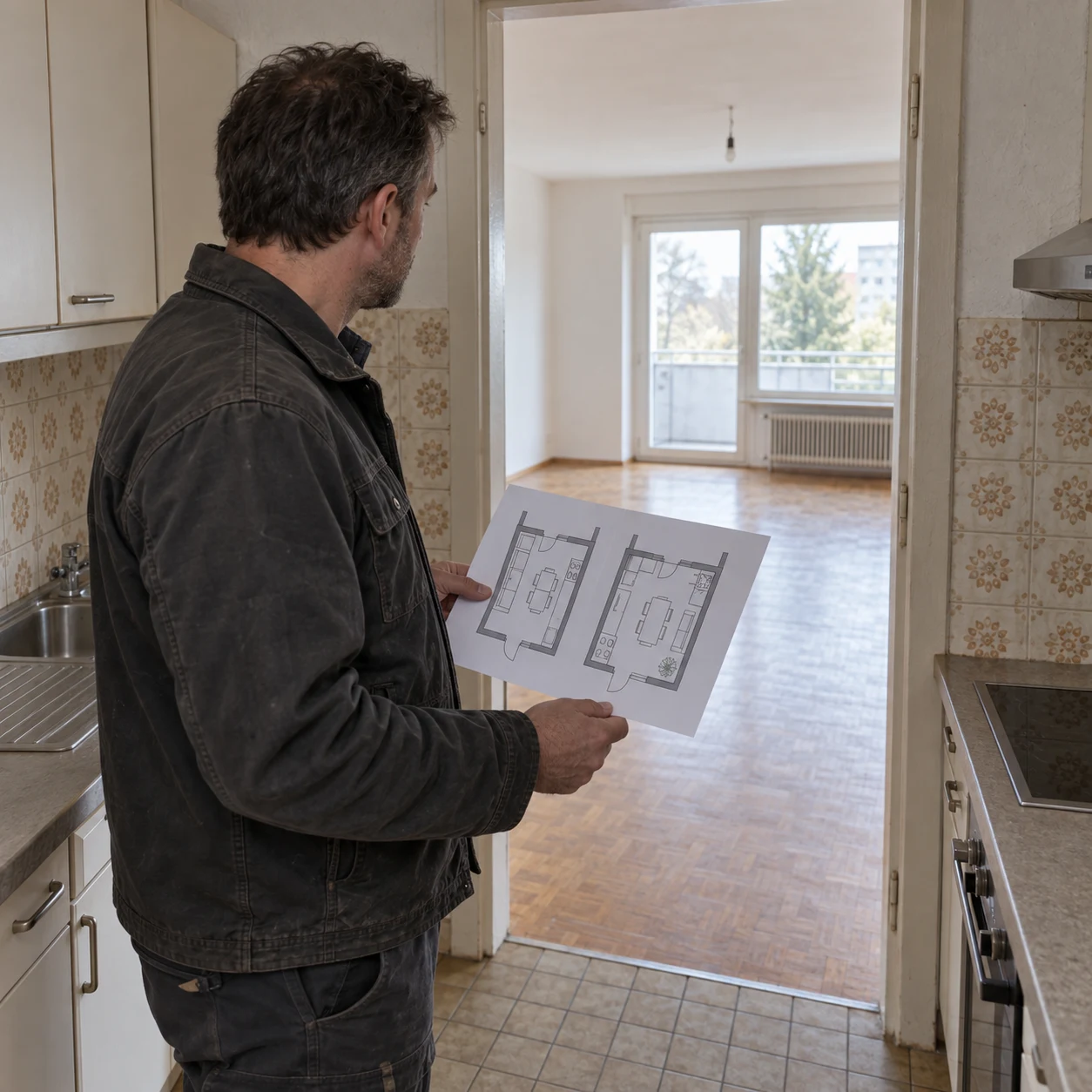Landlord reviewing a closed kitchen and an opened-up kitchen layout for a rental unit