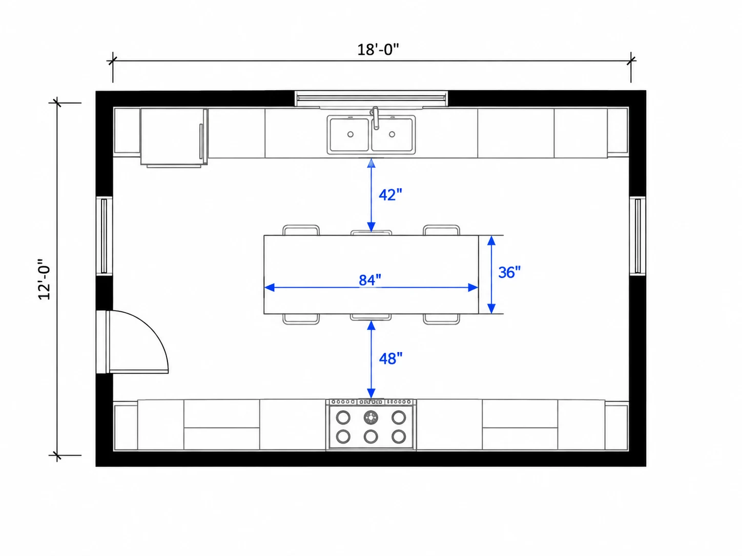 Kitchen plan with aisle and island clearances marked in inches