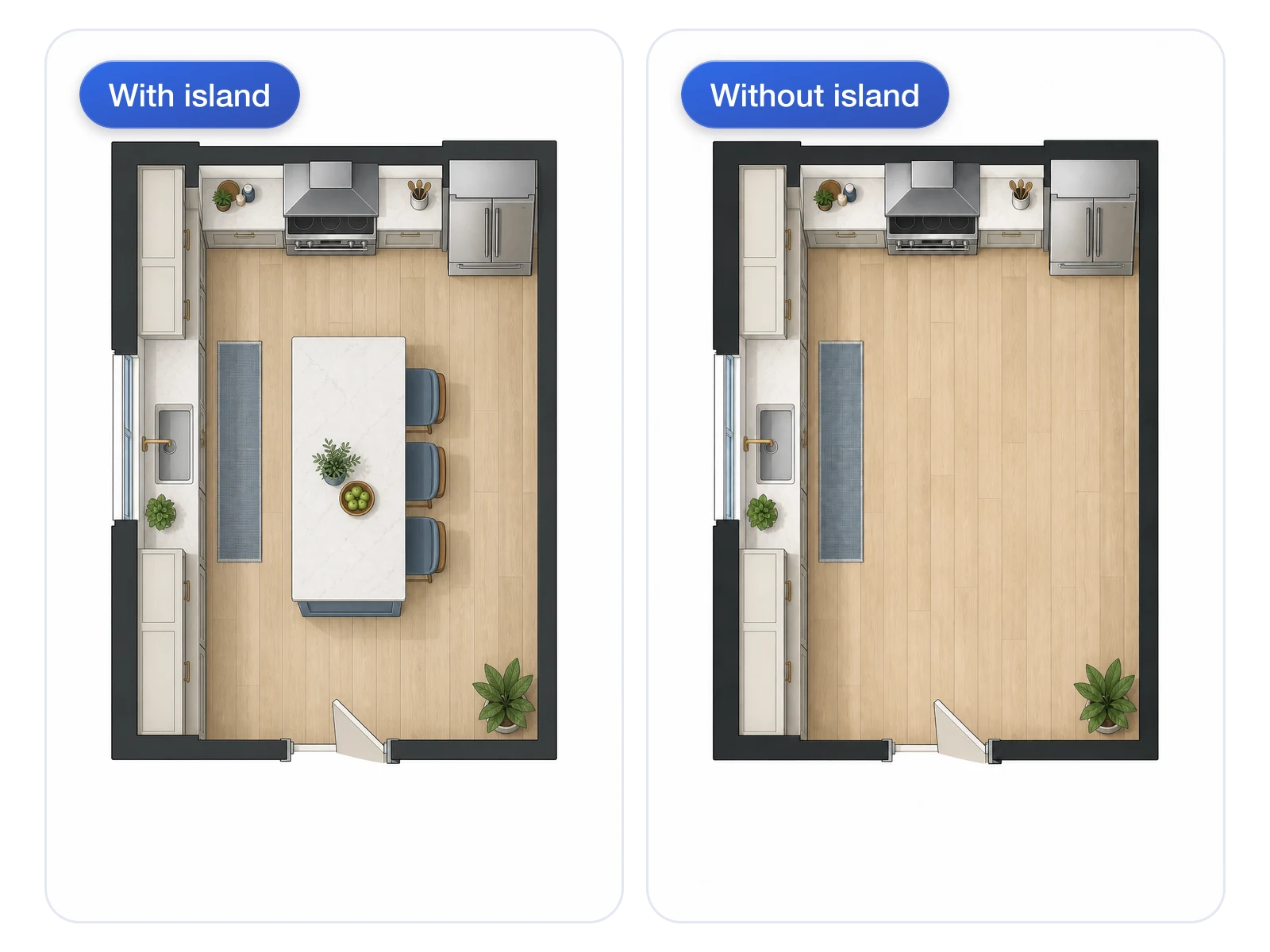 The same kitchen plan generated with and without a kitchen island