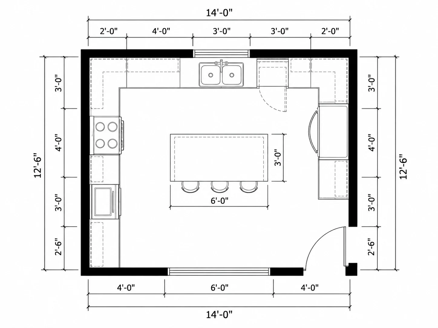 Technical kitchen plan with dimension lines and standard appliance symbols