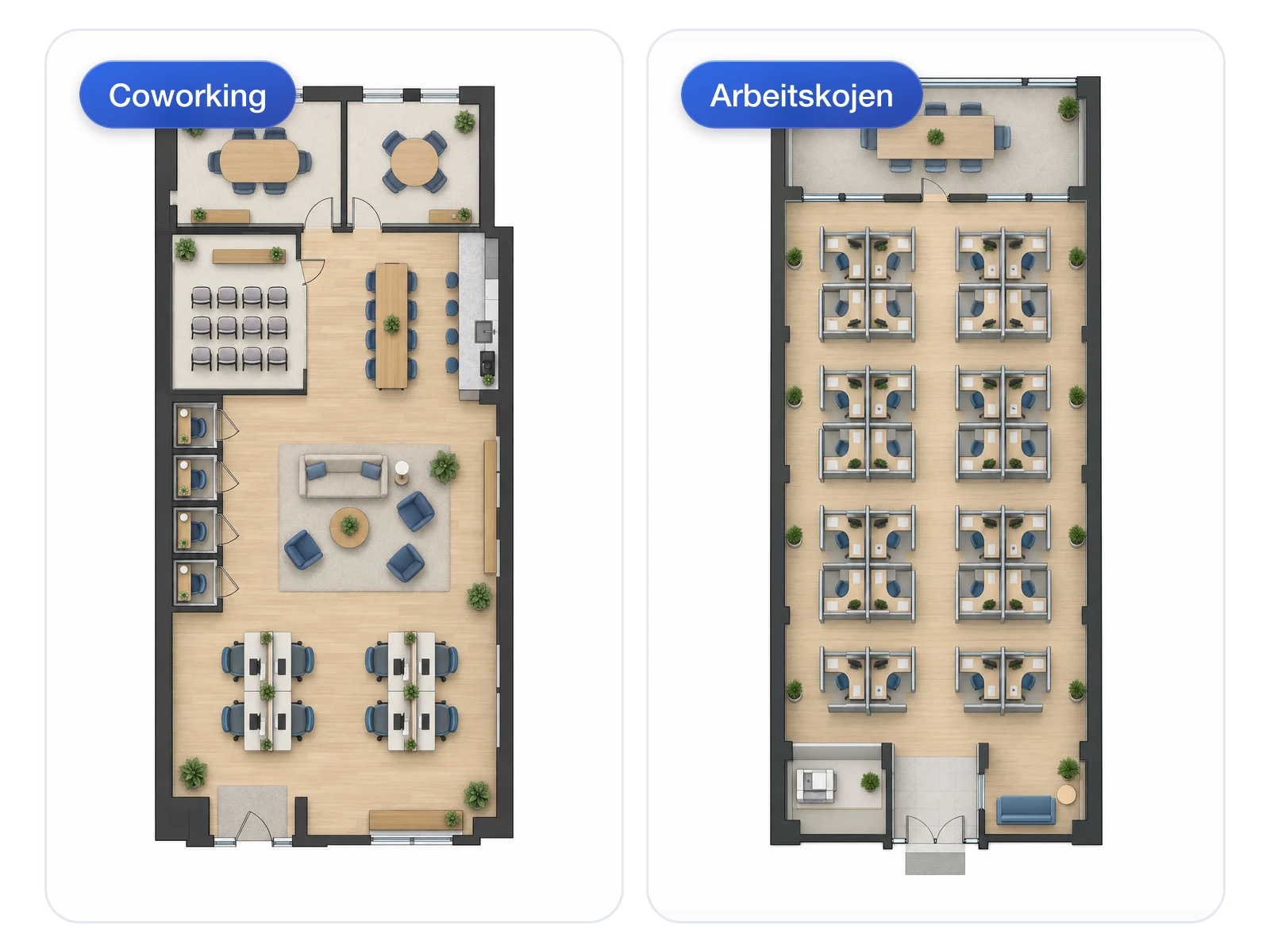 Vergleich zweier Layouts für Coworking und Arbeitskojen im direkten Gegenüber