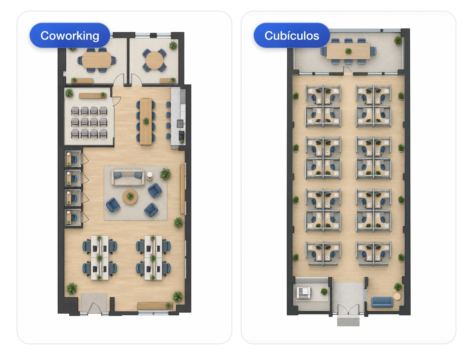 Comparativa en paralelo de distribuciones de espacio de coworking y cubículos