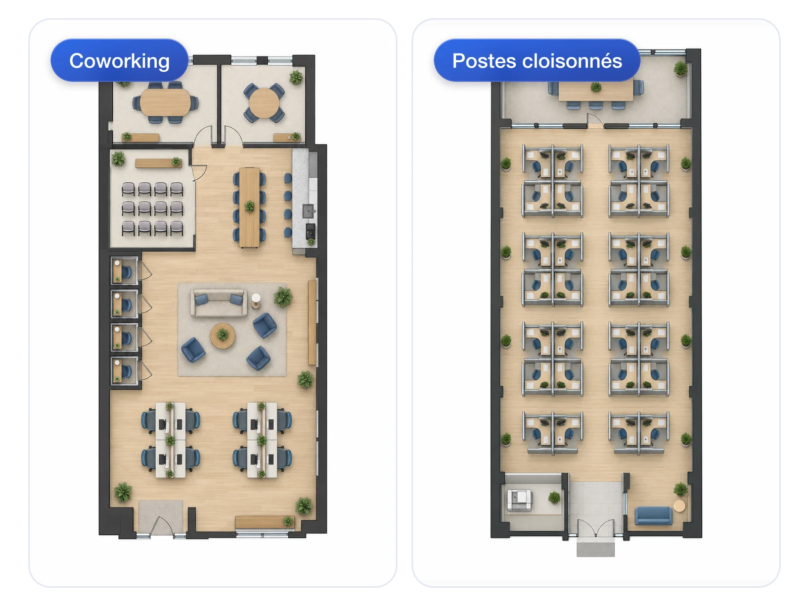 Comparaison côte à côte d'agencements de coworking et de bureaux cloisonnés