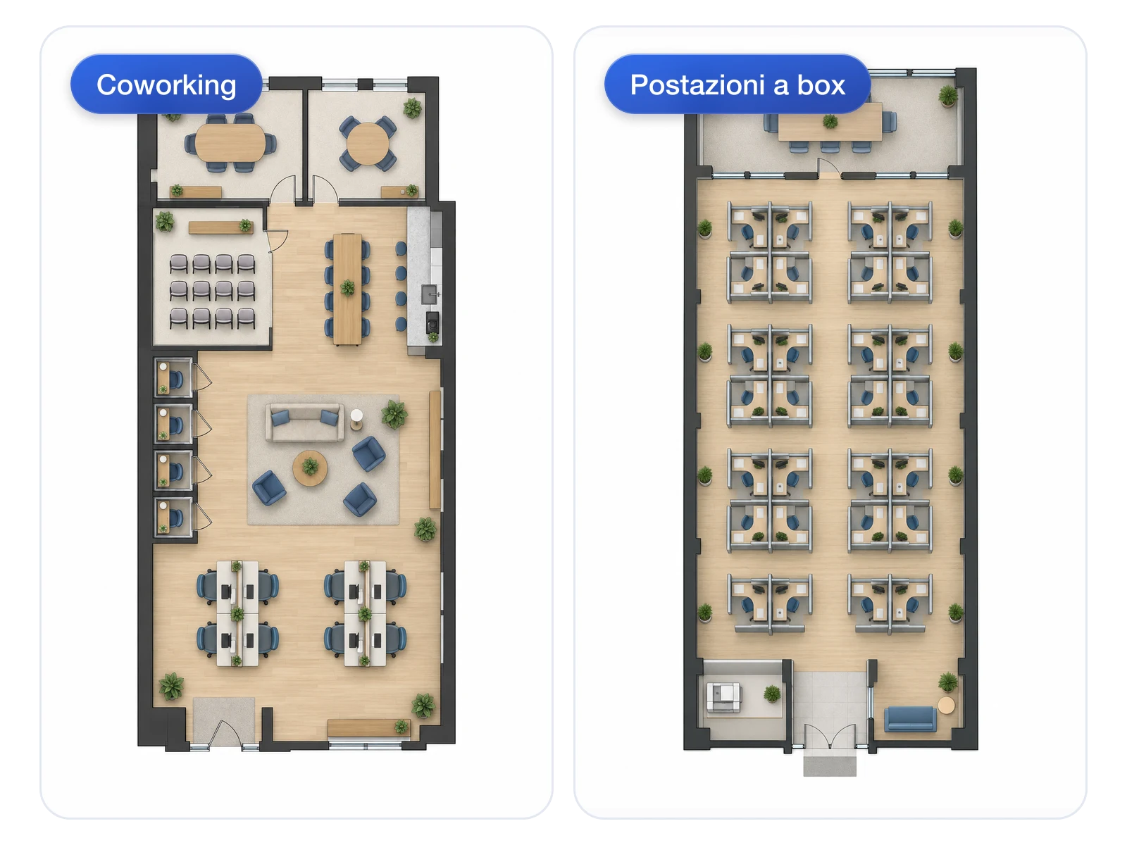 Confronto affiancato tra layout per coworking e disposizione a box