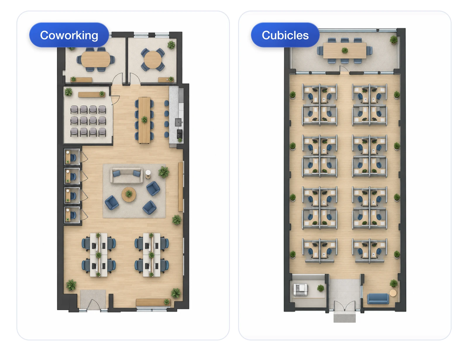 Coworking and cubicle office layouts compared side by side