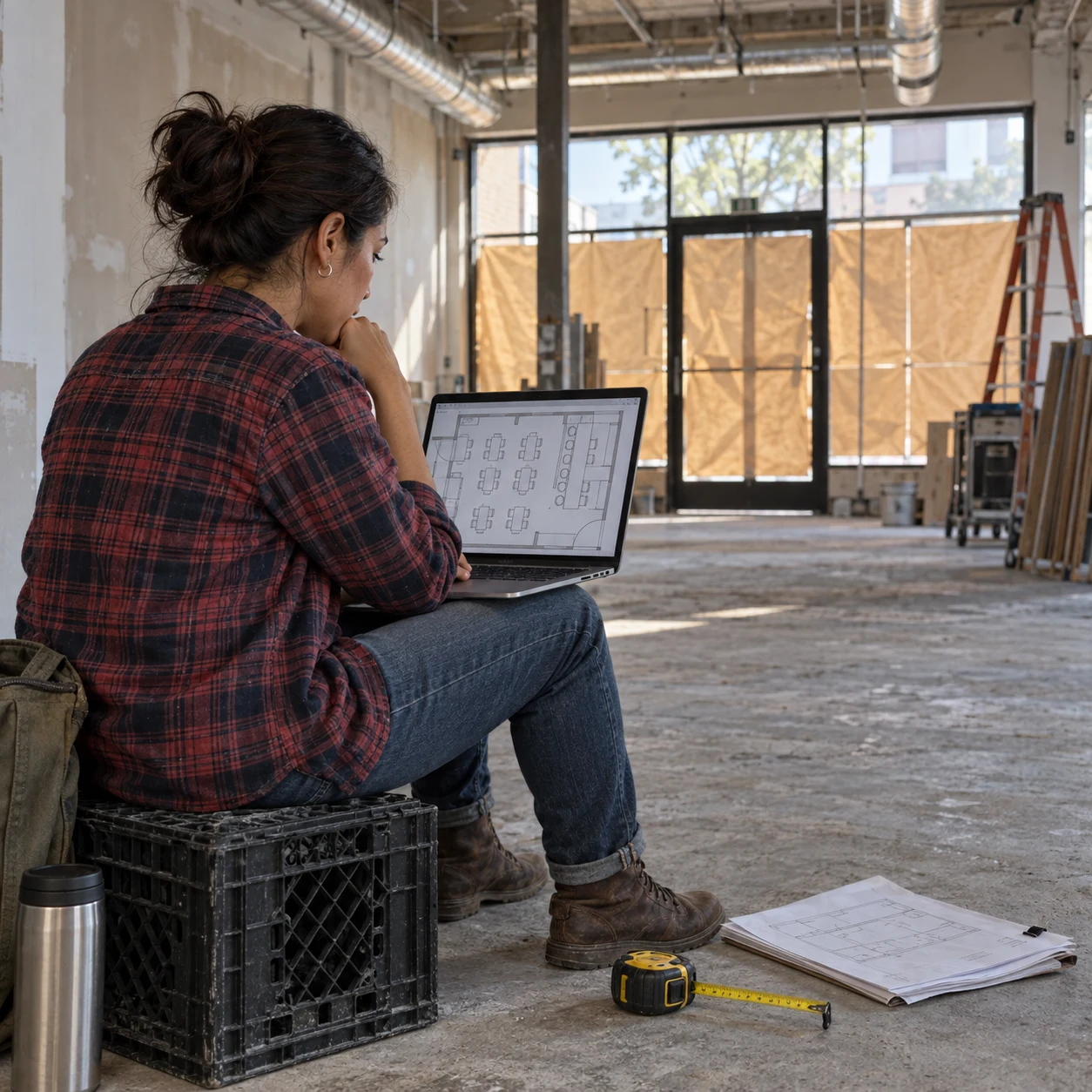 First-time restaurant owner reviewing a dining room layout on a laptop in an empty unit