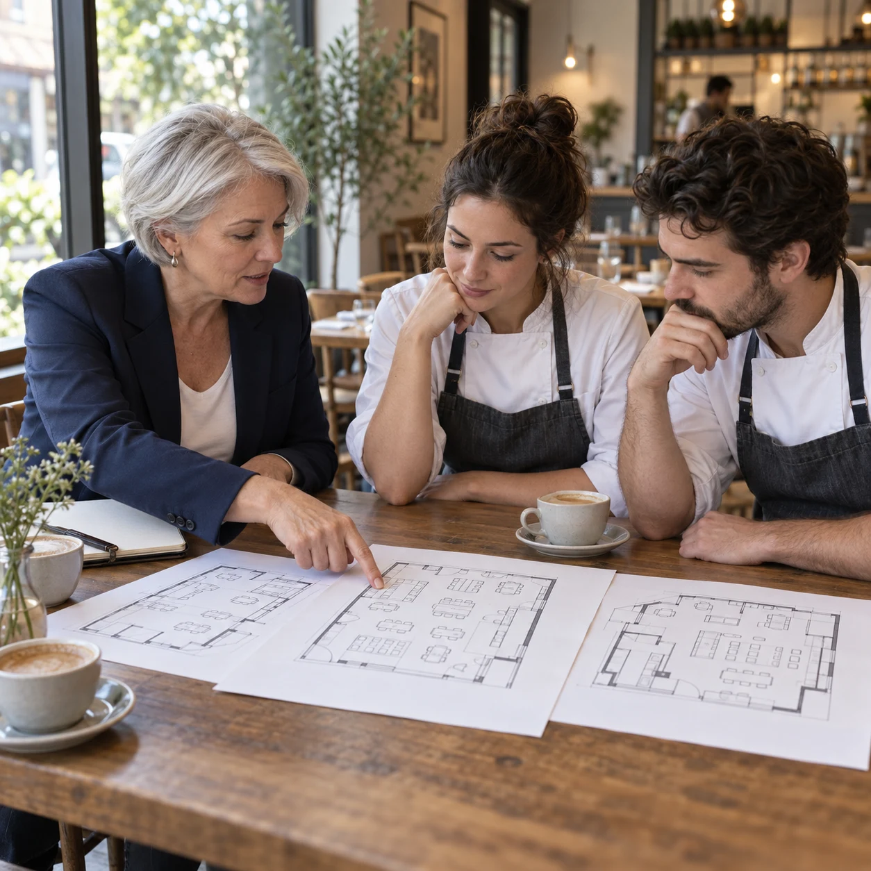 Restaurant consultant presenting three layout concepts to a client