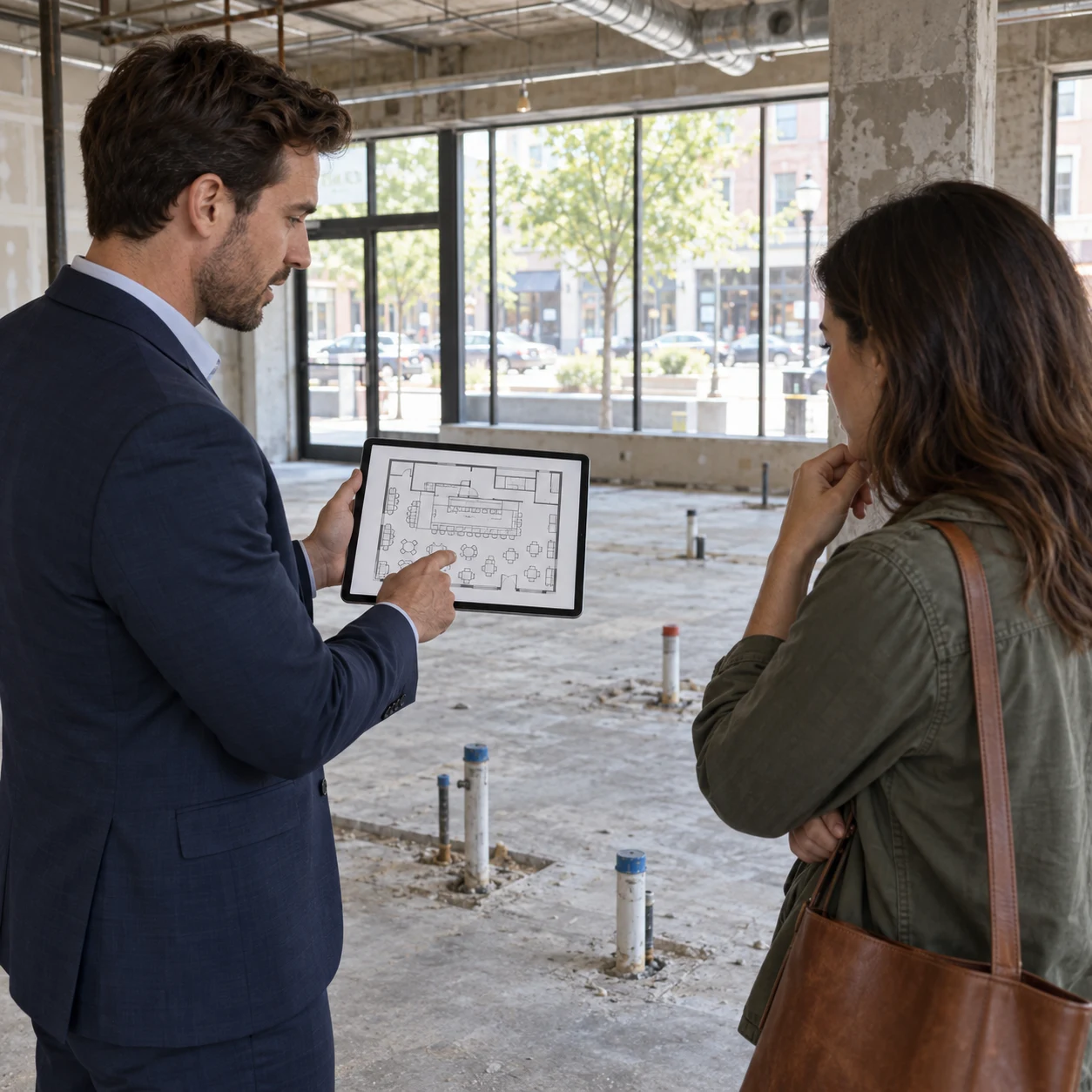 Commercial real estate agent showing a restaurant layout to a tenant in an empty shell