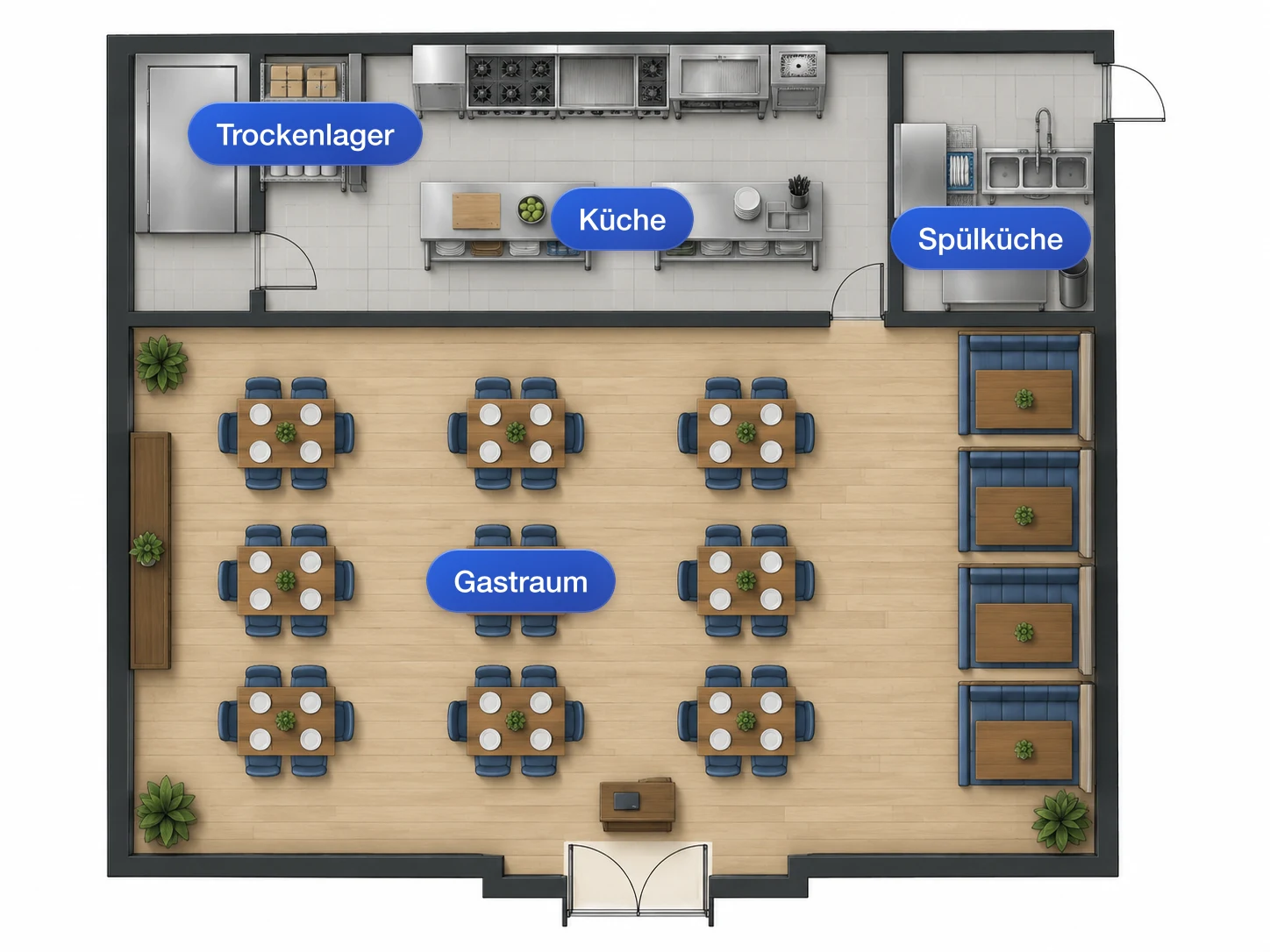 Gastronomie-Layout mit Küche, Spülbereich und Gastraum in einer gemeinsamen Zeichnung