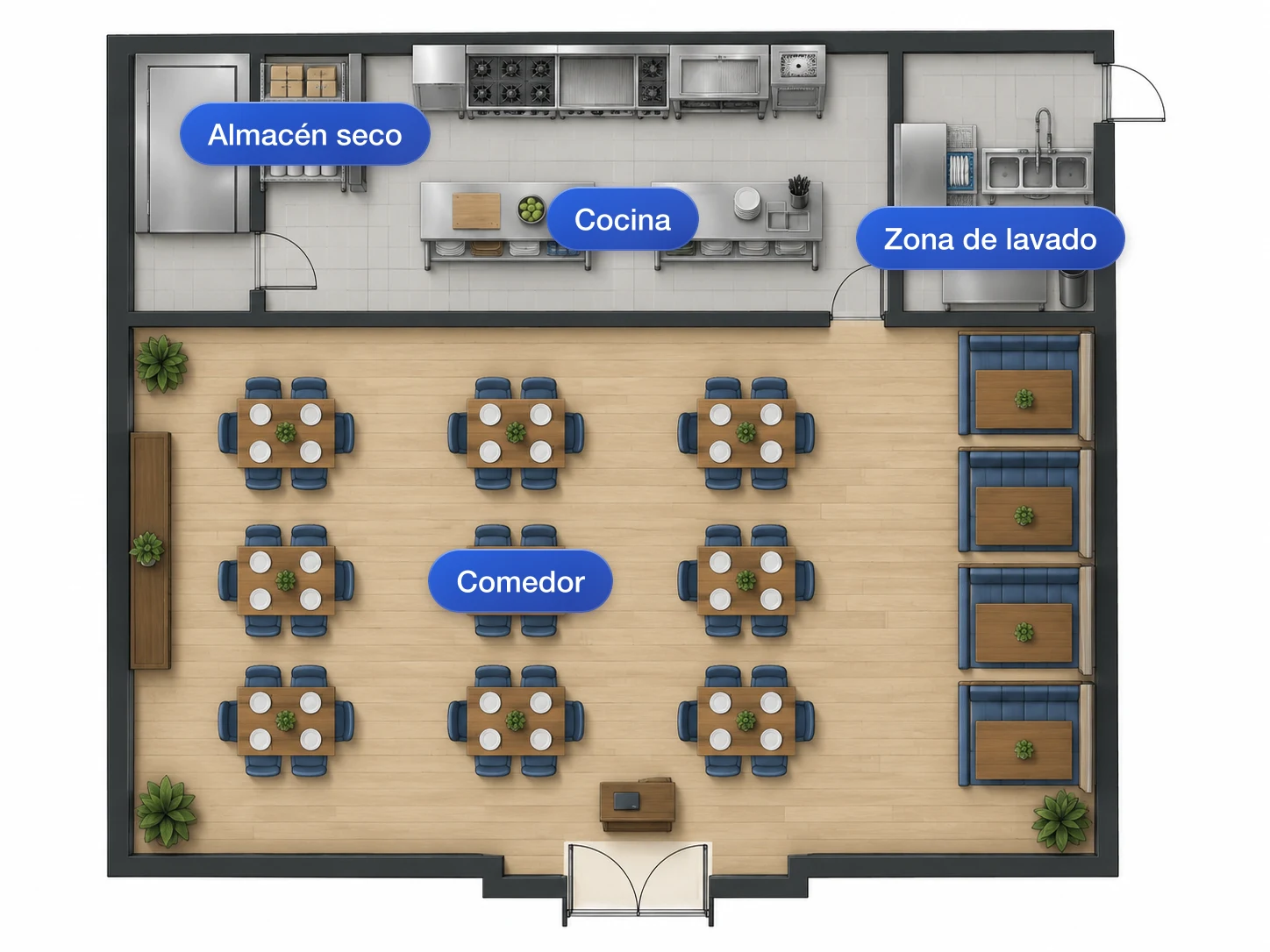 Plano de restaurante que muestra la cocina, la zona de lavado y el comedor en un solo dibujo