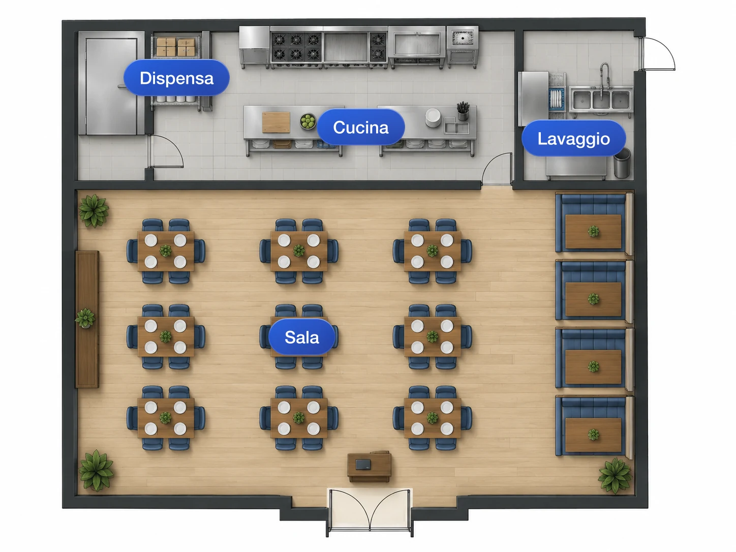 Disegno completo con cucina, zona lavaggio e sala in un unico schema