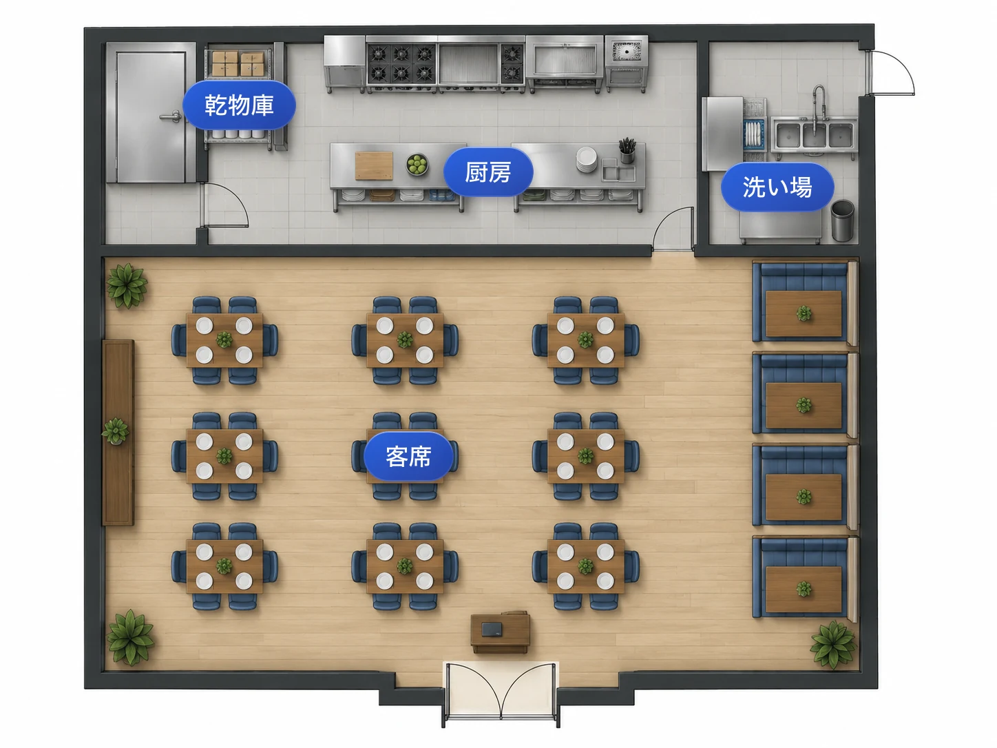 厨房、洗浄エリア、客席を1枚の図面にまとめた飲食店のレイアウト図