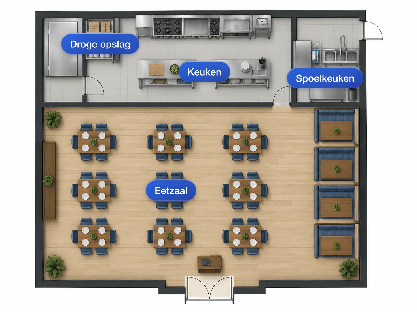 Volledige horeca-indeling met keuken, afwasruimte en eetzaal op één tekening