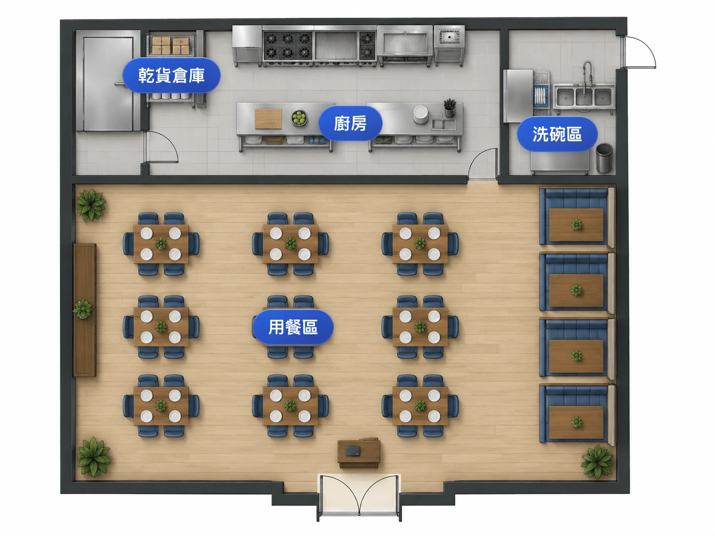 餐廳格局展示,於單一圖面呈現內廚、洗碗區與外場客席