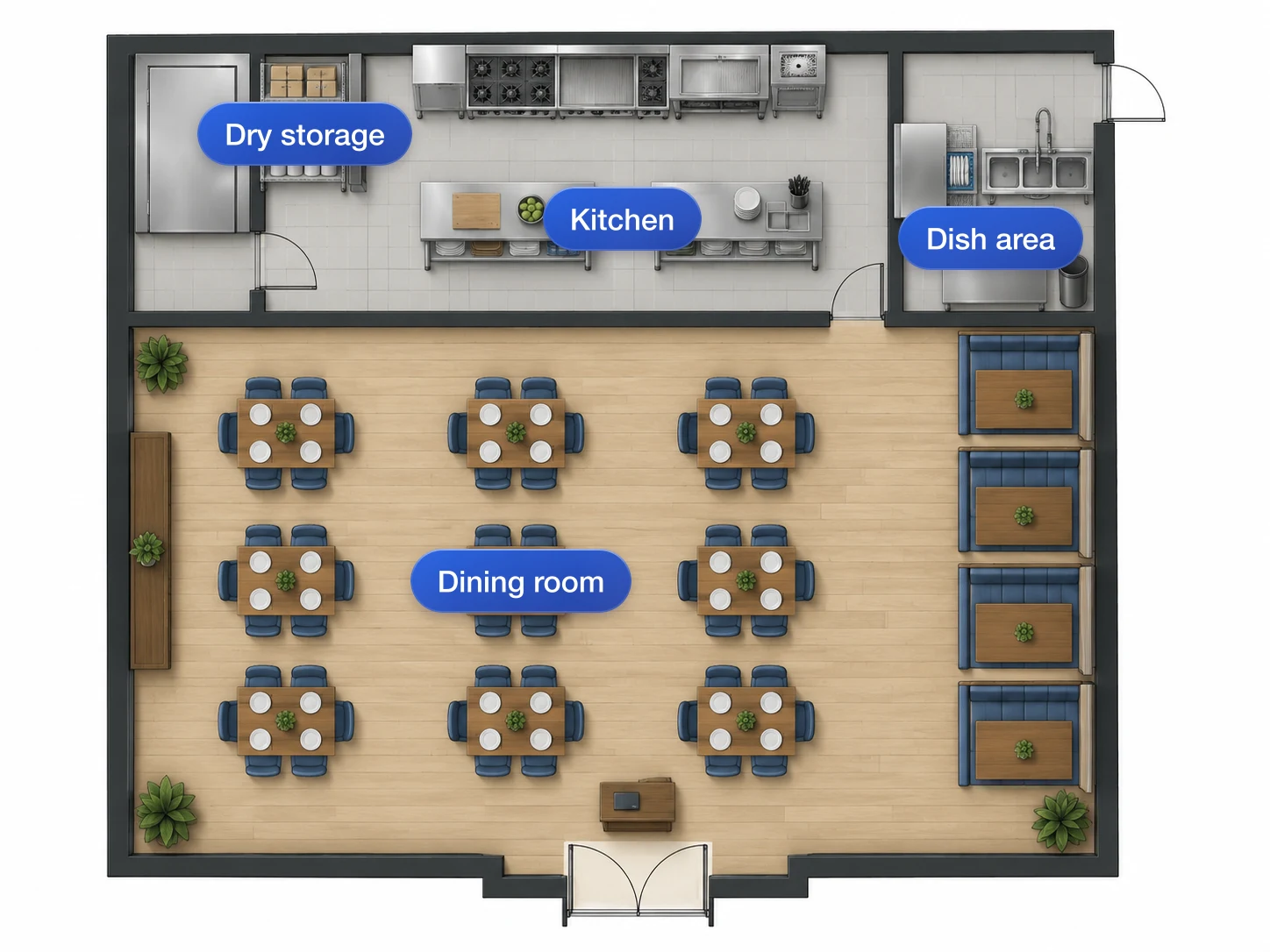 Restaurant layout showing kitchen, dish area and dining room in a single drawing