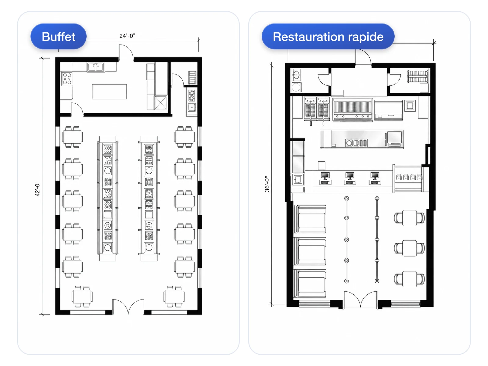 Comparaison côte à côte d'agencements pour buffet et fast-food