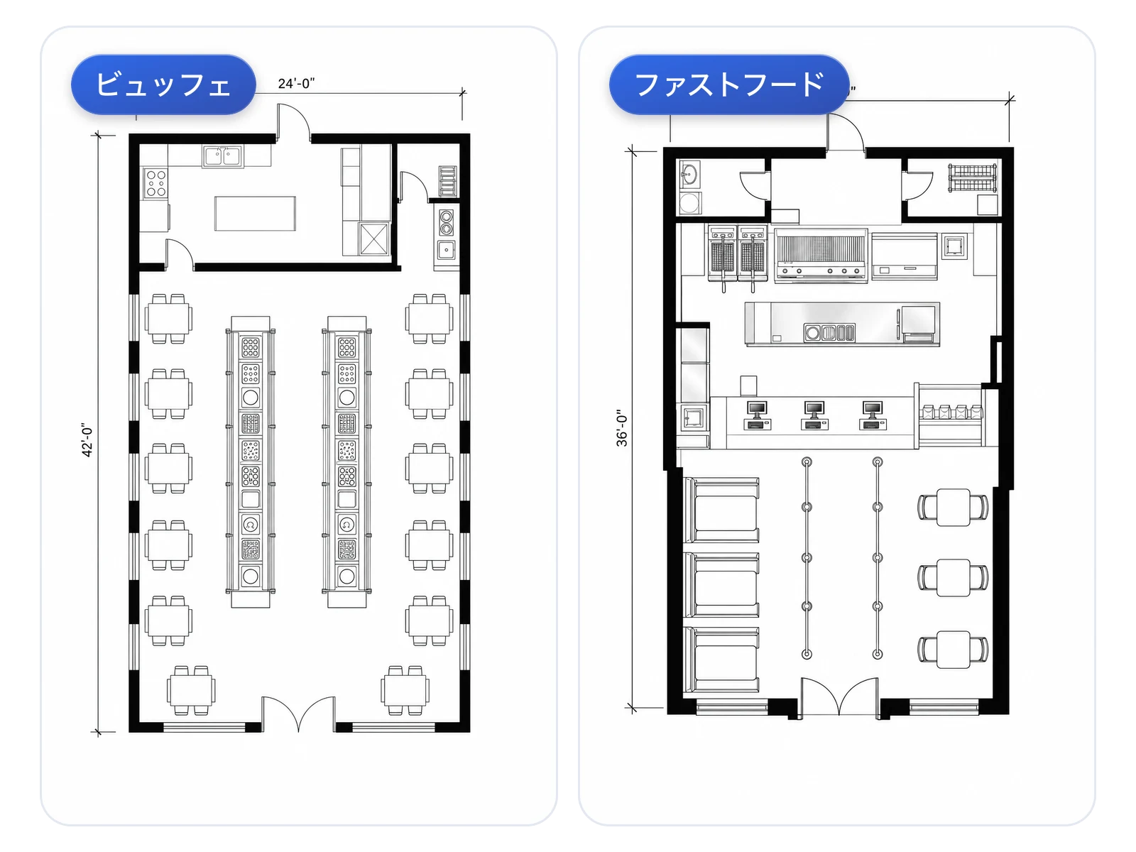 ビュッフェとファストフードの飲食店レイアウト図の並列比較