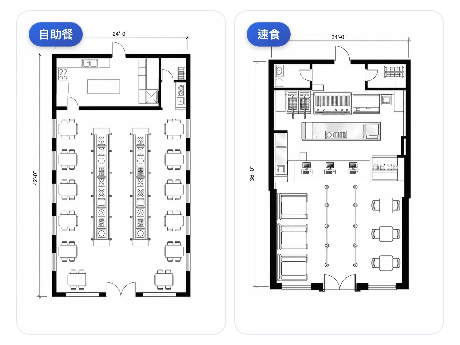 並排對比自助餐廳與速食餐廳的空間格局