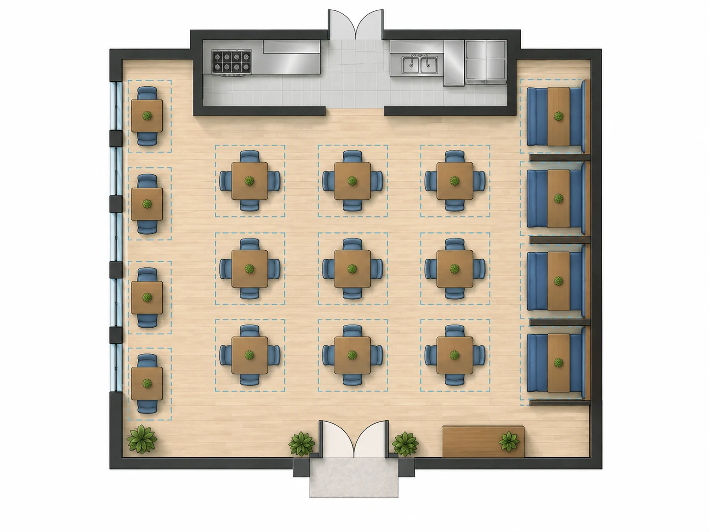 Restaurant dining room plan with table groups sized for casual dining density