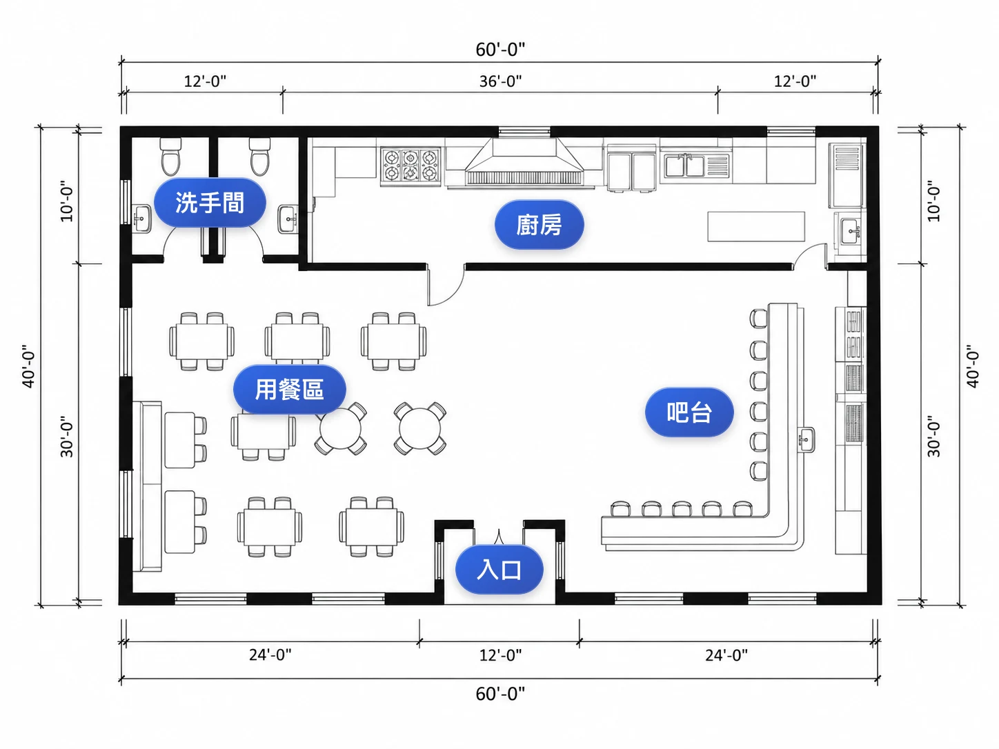包含尺寸標註線與空間標籤的技術型餐廳圖面,適用於工班會議
