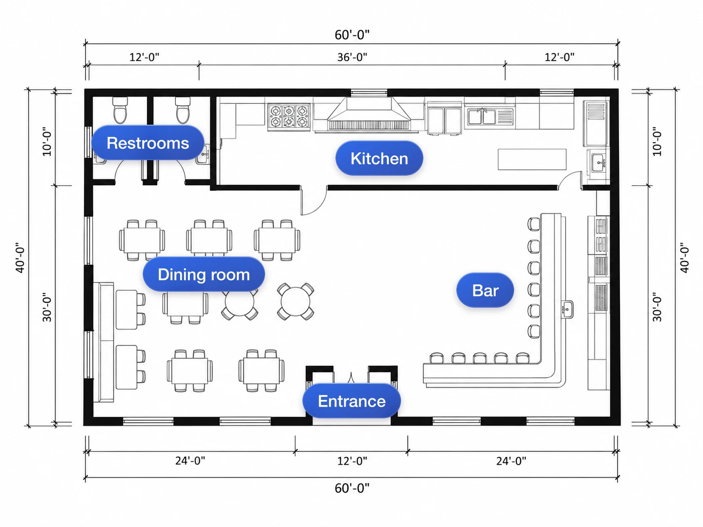 Labelled technical restaurant drawing with dimension lines prepared for a contractor meeting